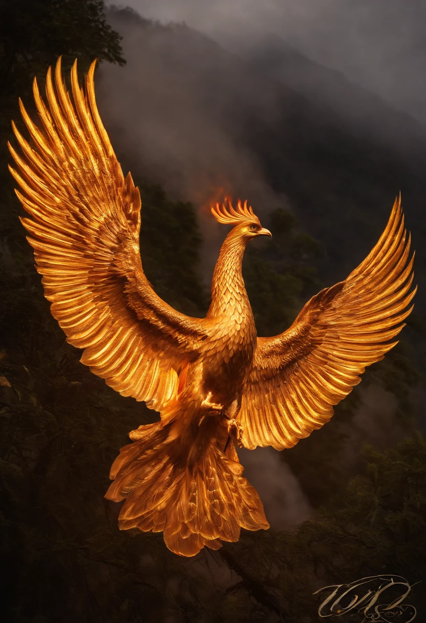 phoenix,The golden emblem of the Flame Phoenix, brilhantemente, um majestoso, All eyes were on the details of the Phoenix burning, atmosfera deslumbrante,Paleta de cores dourada e vermelha rica, luzes brilhantes, Effects of flame and smoke splashes