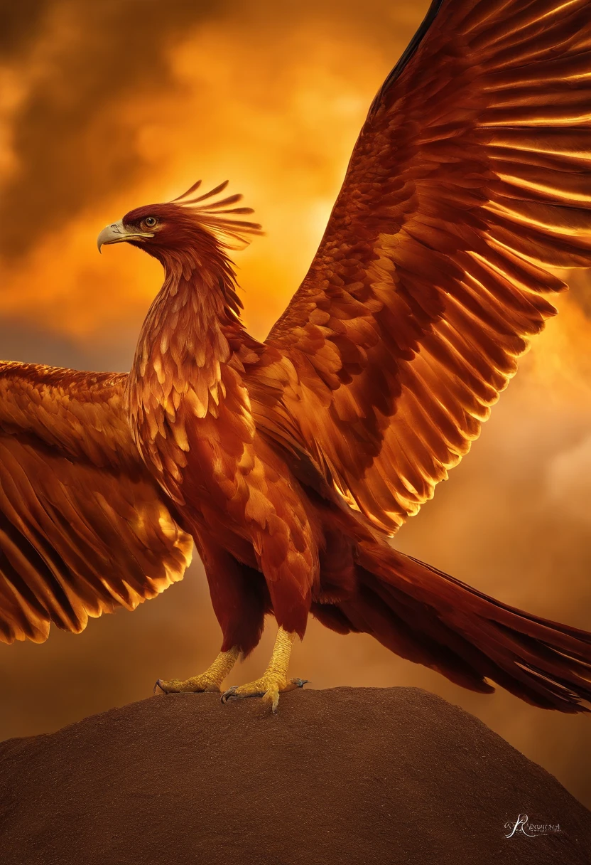 phoenix,The golden emblem of the Flame Phoenix, brilhantemente, um majestoso, All eyes were on the details of the Phoenix burning, atmosfera deslumbrante,Paleta de cores dourada e vermelha rica, luzes brilhantes, Effects of flame and smoke splashes