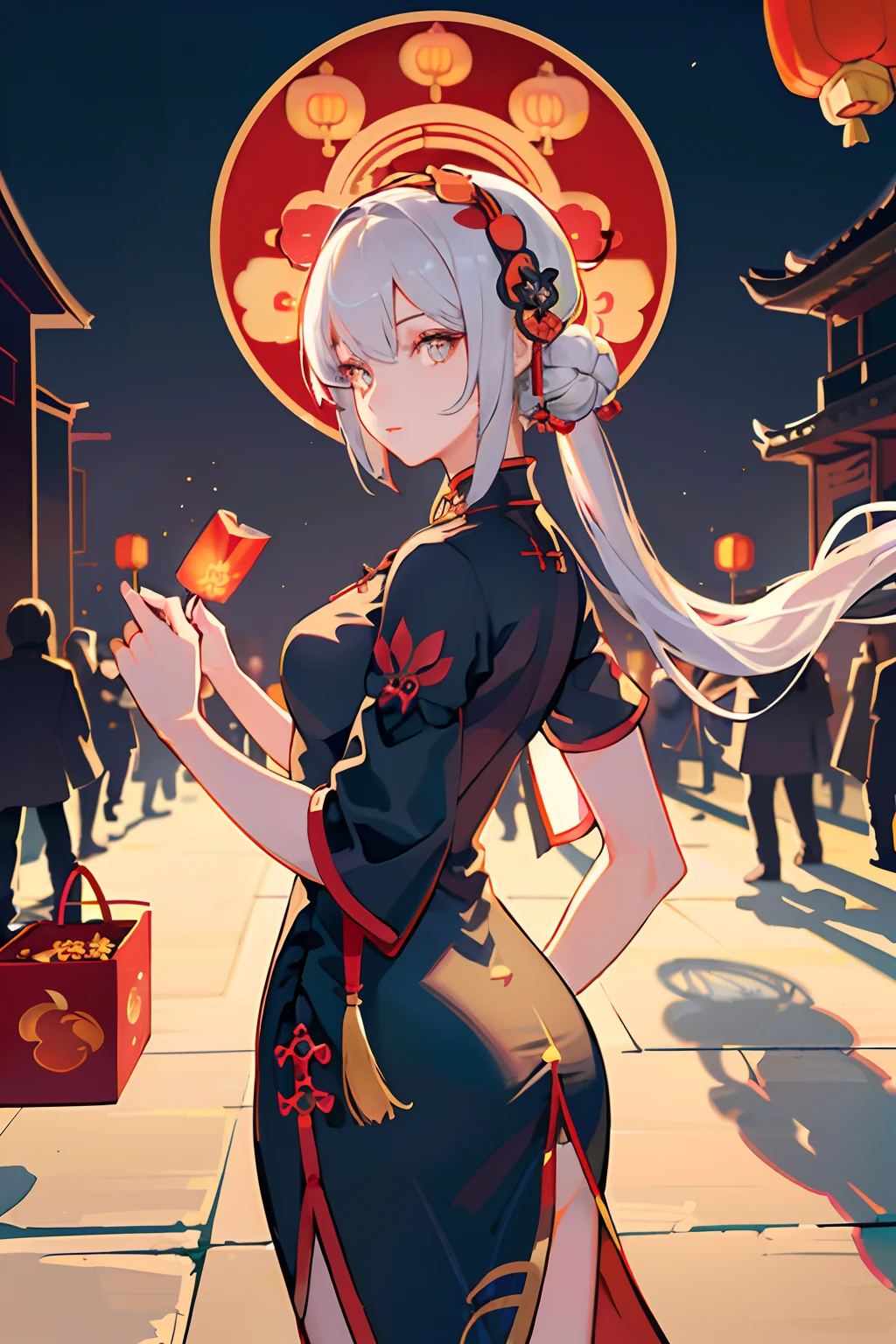 (An extremely delicate and beautiful), ((Masterpiece)), (((Best quality))), ((Ultra-detailed)), ((illustration)), ((Solo)), ((((A girl)))), (Beautiful detailed girl), (((Cheongsam))), Black eyes, ((((Beautiful detailed eyes)))), White hair, Mooncake Festival, (((Chinese Mid-Autumn Festival))),  (Lanterns),firecrackers, temple fair, ((busy street)), (Detailed fireworks), finedetail, (firecrackers), ((the best building)), (((Best shadow))), Many people,