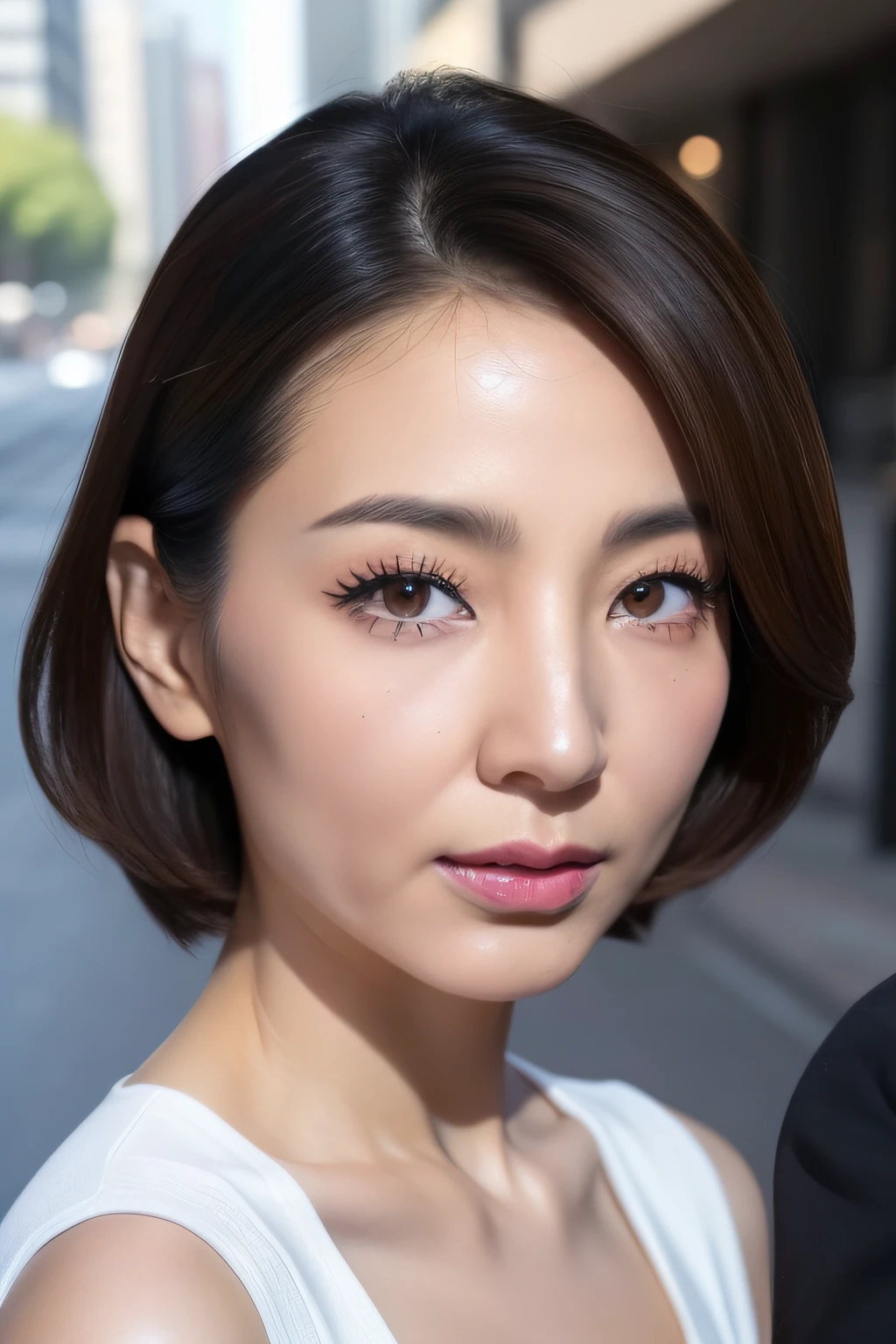 japanese mature, (Solo), 50 years old, (Wrinkles at the corners of the eyes:1.4), Large breasts, A MILF, glamor, A sexy, Chromo-white skin, Looking at Viewer、Super large udder、(Fancy makeup:1.4)、Sleeveless Knit Tight Fit Mini Dress、Muchimuchi、high-heels、ssmile、In the city today、Prostitutes、long legged、is standing、Composition looking up from below behind、I'm opening my mouth、I can see the sky