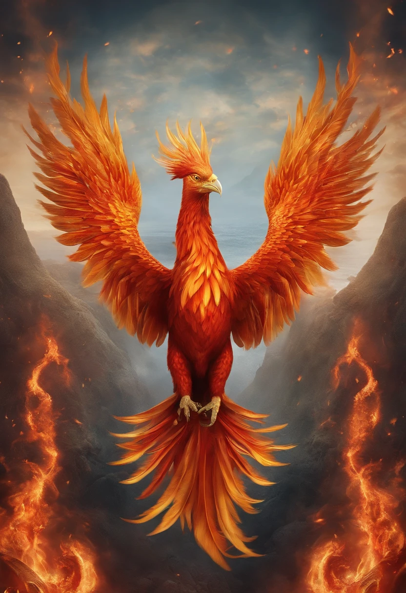 phoenix,Cultivando Imortais,water ink,Altas Colinas,auto-seguro,Osso da estrada do vento da fada,Blood flow in the background,The golden emblem of the Flame Phoenix, brilhantemente, um majestoso, All eyes were on the details of the Phoenix burning, atmosfera deslumbrante,Paleta de cores dourada e vermelha rica,