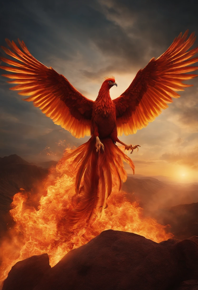 phoenix,Cultivando Imortais,water ink,Altas Colinas,auto-seguro,Osso da estrada do vento da fada,Blood flow in the background,The golden emblem of the Flame Phoenix, brilhantemente, um majestoso, All eyes were on the details of the Phoenix burning, atmosfera deslumbrante,Paleta de cores dourada e vermelha rica,