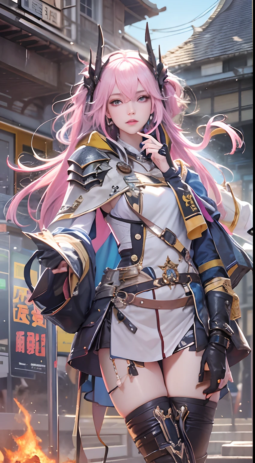 Works of masters，Best image quality，Higher quality，high detal，超高分辨率，8K分辨率，cyber punk perssonage，Realistic portraits，in a panoramic view，femele，solo person，nurses，stewardess，Waitress，cheering party，Dancer，ssmile，long whitr hair，A brown-haired，Pink hair，bobo head，ear studs，bangle，hoop earings，eardrop，jewelery，vests，white  shirt，tee shirt，Sweaters，Hooded cape，pleatedskirt，denim short，hot pant，Plaid pattern，Armour，Metal armor，berserker armor，Combat boots，Facing the viewer，夏天，eventide，grassy fields，sea beach，城市，Bus stop，Train station，Warframe Law，Machine maiden law，Ice and fire method，Photography method