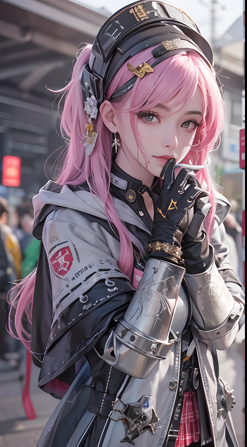 Works of masters,Best image quality,Higher quality,high detal,超高分辨率,8K分辨率,cyber punk perssonage,Realistic portraits,in a panoramic view,femele,solo person,nurses,stewardess,Waitress,cheering party,Dancer,ssmile,long whitr hair,A brown-haired,Pink hair,bobo head,ear studs,bangle,hoop earings,eardrop,jewelery,vests,white shirt,tee shirt,Sweaters,Hooded cape,pleatedskirt,denim short,hot pant,Plaid pattern,Armour,Metal armor,berserker armor,Combat boots,Facing the viewer,夏天,eventide,grassy fields,sea beach,城市,Bus stop,Train station,Warframe Law,Machine maiden law,Ice and fire method,Photography method