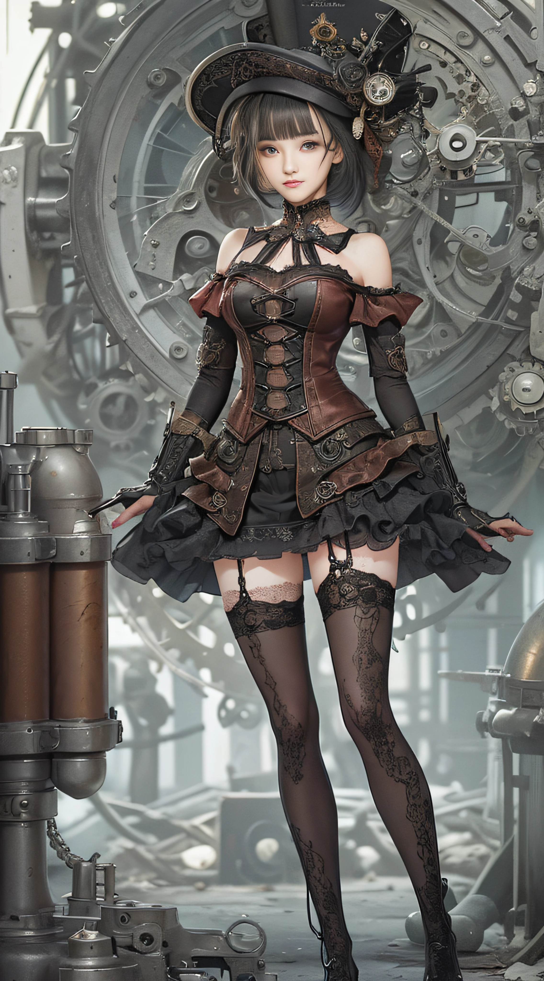 (((Masterpiece, top quality, super detailed))), One female, (((Very Slender body))) , (((Long, thin legs))), (((short black bob, thick puffy bangs ))), (((very detailed face))), cosmetics-free, small thin nose, small thin-lipped mouth, (((very sharp focused eyes))), large slit precision pale grey eyes, sparkling like jewels, Long eyelashes, ((Very decorative intricate mechanical steampunk fashion, Lace Flared mini skirt, Lace stockings above the knee, Lace Off-shoulder ta fashion, Overly decorative fashion)), The night an abandoned, intricately mechanized steampunk factory burns and explodes, (((overall accuracy has improved dramatically, creating a super detailed and realistic image))),  Super realistic photo.