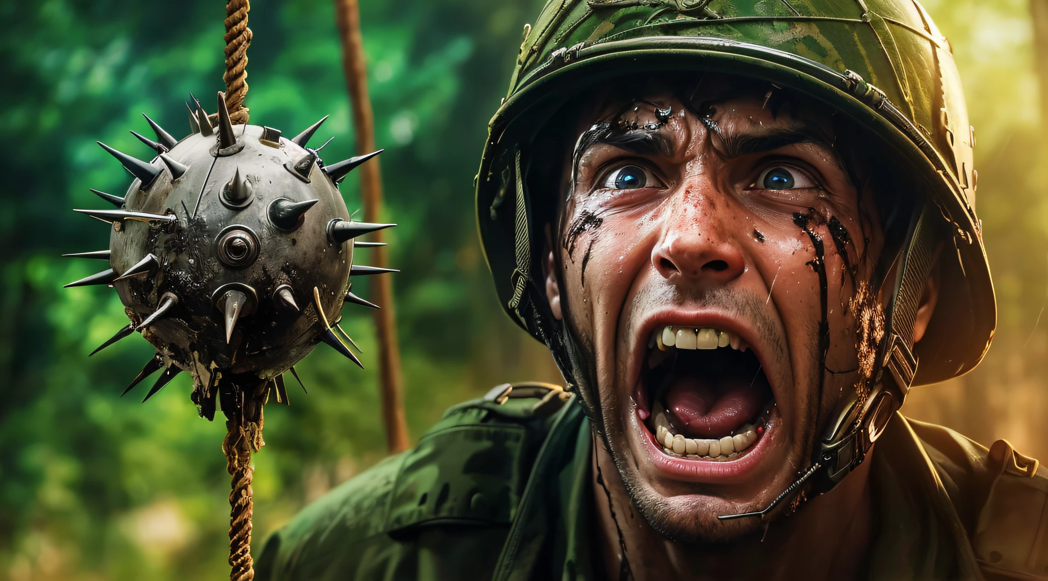 There's a man in a helmet with his head nailed, foto de retrato, dramatic action photography, foto de retrato em close-up, fotografia de combate, close up foto de retrato, fotografia de combate e aventura, soldado sob fogo pesado, epic portrait of menacing, belos olhos detalhados, olhos perfeitos arregalados de raiva, Olhos e rosto extremamente detalhados, irritado 8 k, fotografia militar, gritando em agonia, intense screaming expression, editing, vietnam war soldier, gritando em desespero, high resolutions, ultra detalhado, Detalhes intrincados, Efeitos texturais, Absurdo, obra prima, retrato closeup