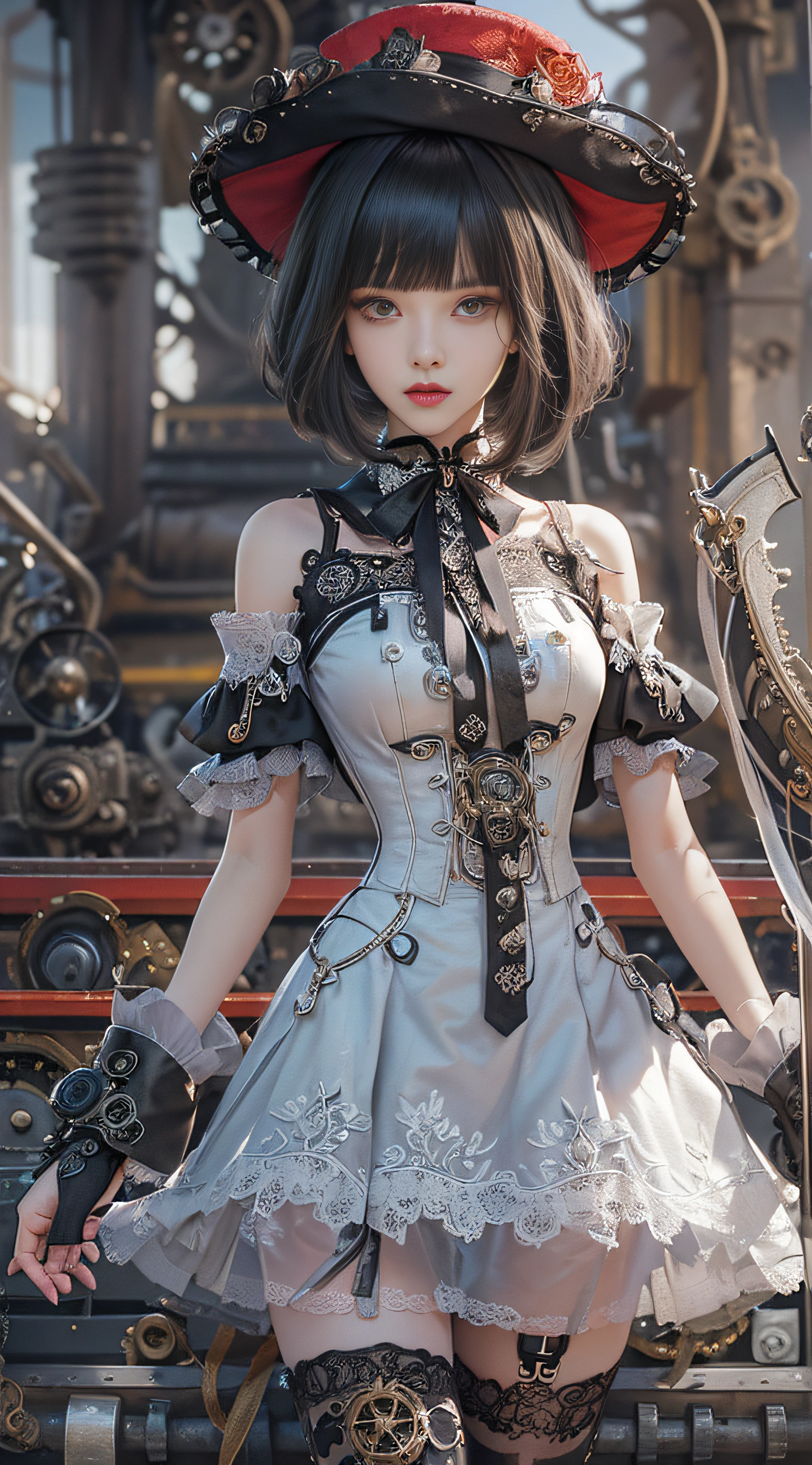 (((Masterpiece, top quality, super detailed))), One female, (((Very Slender body))) , (((Long, thin legs))), (((short black bob, thick puffy bangs ))), (((very detailed face))), cosmetics-free, small thin nose, small thin-lipped mouth, (((very sharp focused eyes))), Very large eyes, lonely eyes, precise pale gray eyes, sparkling like jewels, long eyelashes, Long eyelashes, ((Very decorative intricate mechanical steampunk fashion, Lace Flared mini skirt, Lace stockings above the knee, Lace Off-shoulder ta fashion, Overly decorative fashion)), The night an abandoned, intricately mechanized steampunk factory burns and explodes, (((overall accuracy has improved dramatically, creating a super detailed and realistic image))), Super realistic photo.