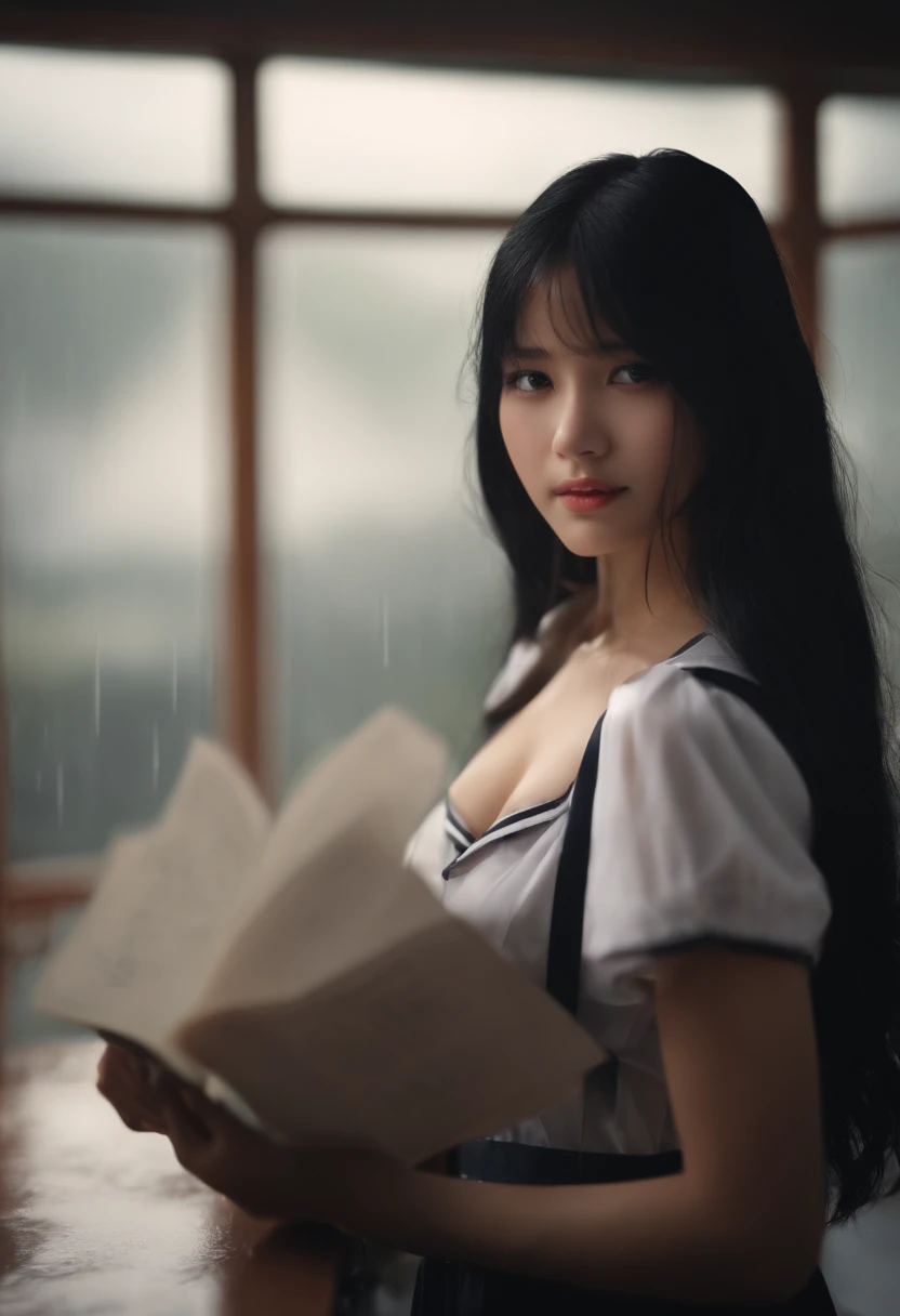 "1girl, long black hair, School Uniform, shy, blushing, wet, rain, see-through bra, (masterpiece:1.2), soft lighting, cinematic composition, cinematic lighting"