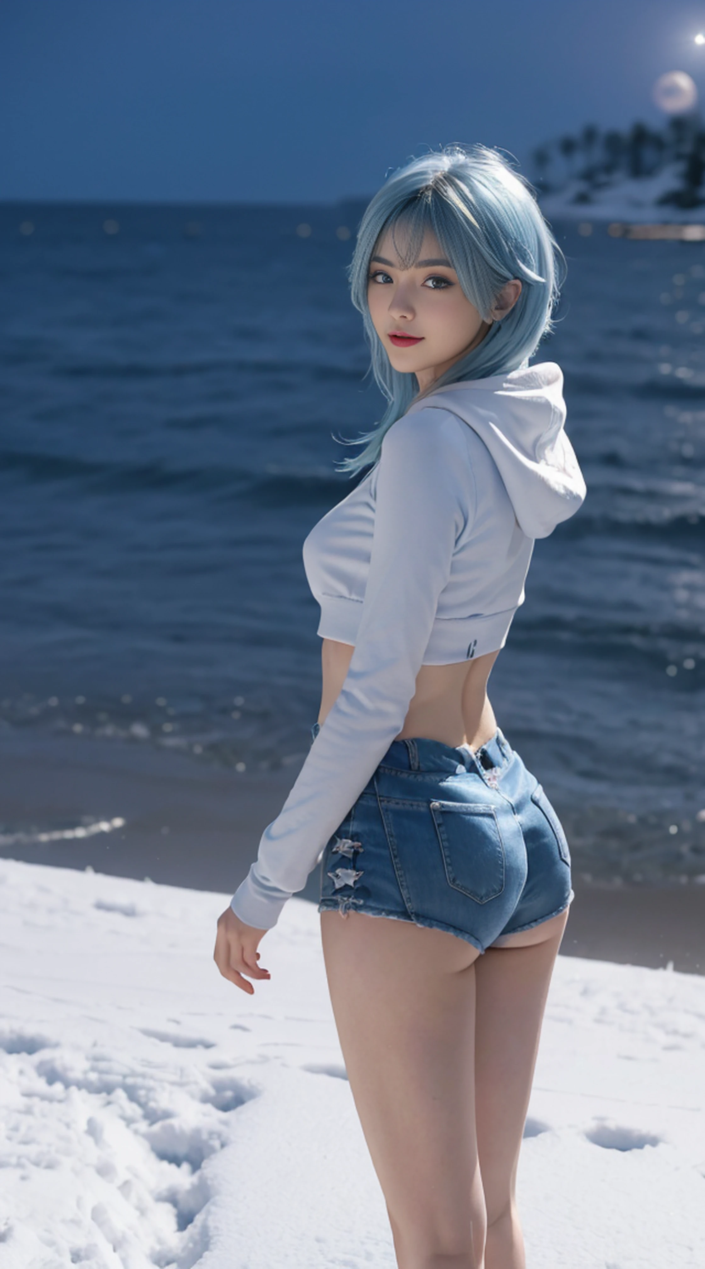 8K, Top Quality, Intricate Details, Ultra Detail, Ultra High Resolution, Masterpiece, ((from behind)), Slender, Smile, (Makeup: 0.4), (Fluffy Blue Eyes: 1.21), blue Eyes, looking at background, ((full body)), 1girl, solo, 1 girl, (( full body)), close up shot, standing , ((tall)), (((fit body))), (((slim face))), sharp face, sharp eyes, (((sky blue hair, long hair, bangs)) (detailed face), sharp face, small lips, ((hoodie)), detailed face, detailed breast, , large breast, detail ass, big ass, round ass , Beautiful girl with accentuated slender abs: 1.4, Six Pack Abs: 1.4, Bust Botox, Big, Perfect Body, detail leg, (( moonlight)), in the snow