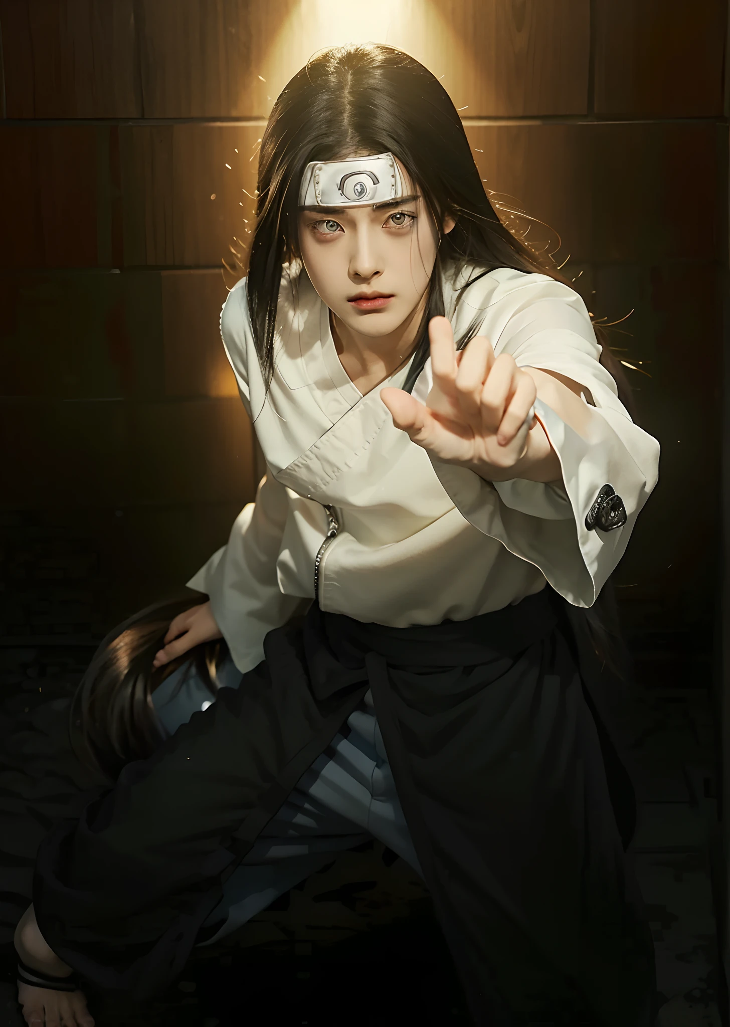 1male, hyuga neji in anime naruto shippuden, long hair , black hair, white eyes, handsome, white clothes, realistic clothes, detail clothes, beach city background, ultra detail, realistic
