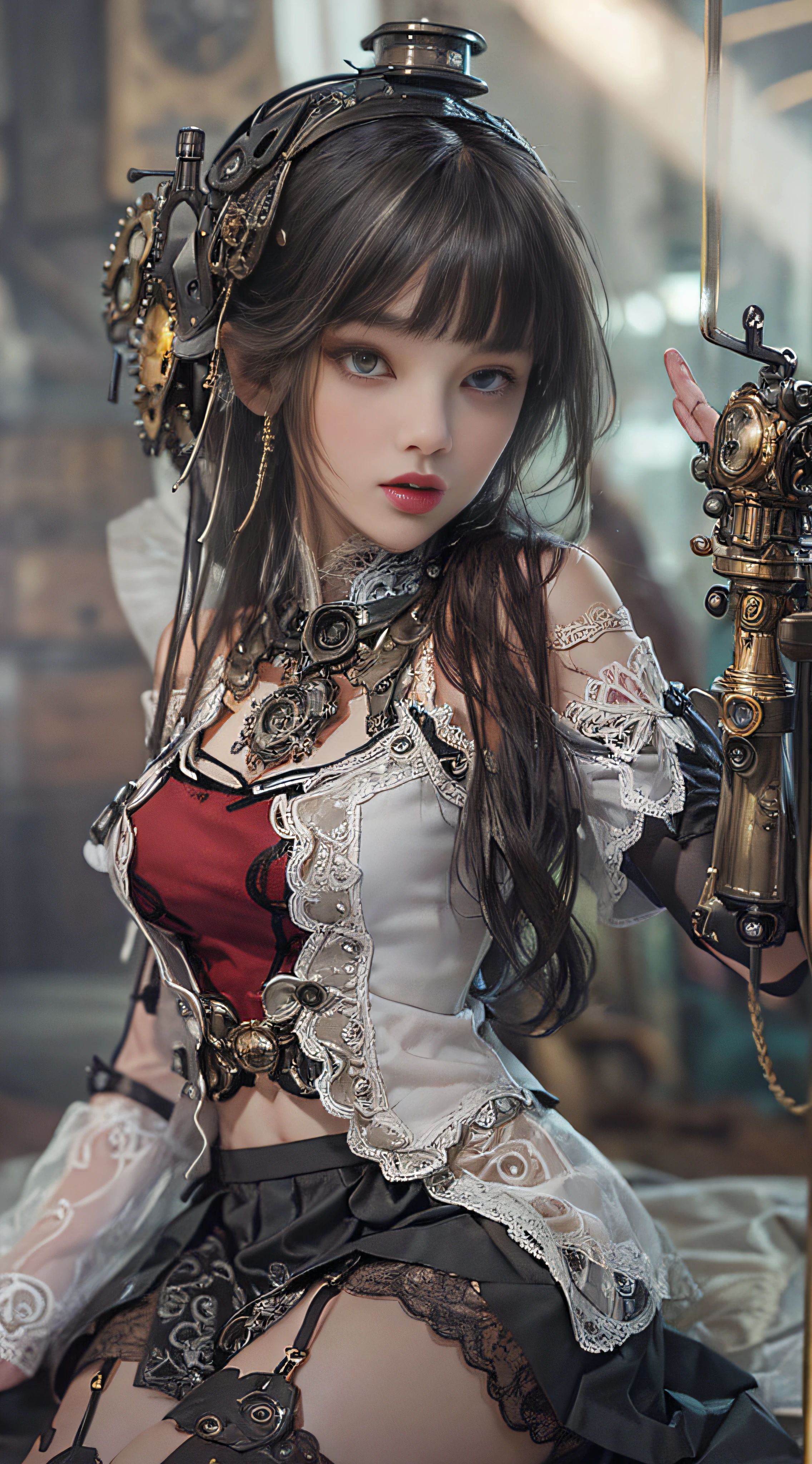 (((Masterpiece, top quality, super detailed))), One female, (((Very Slender body))) , (((Long, thin legs))), (((short black bob, thick puffy bangs ))), (((very detailed face))), cosmetics-free, small thin nose, small thin-lipped mouth, (((very sharp focused eyes))), large slit precision pale grey eyes, sparkling like jewels, Long eyelashes, ((Very decorative intricate mechanical steampunk fashion, Lace Flared mini skirt, Lace stockings above the knee, Lace Off-shoulder ta fashion, Overly decorative fashion)), The night an abandoned, intricately mechanized steampunk factory burns and explodes, (((overall accuracy has improved dramatically, creating a super detailed and realistic image))),  Super realistic photo.