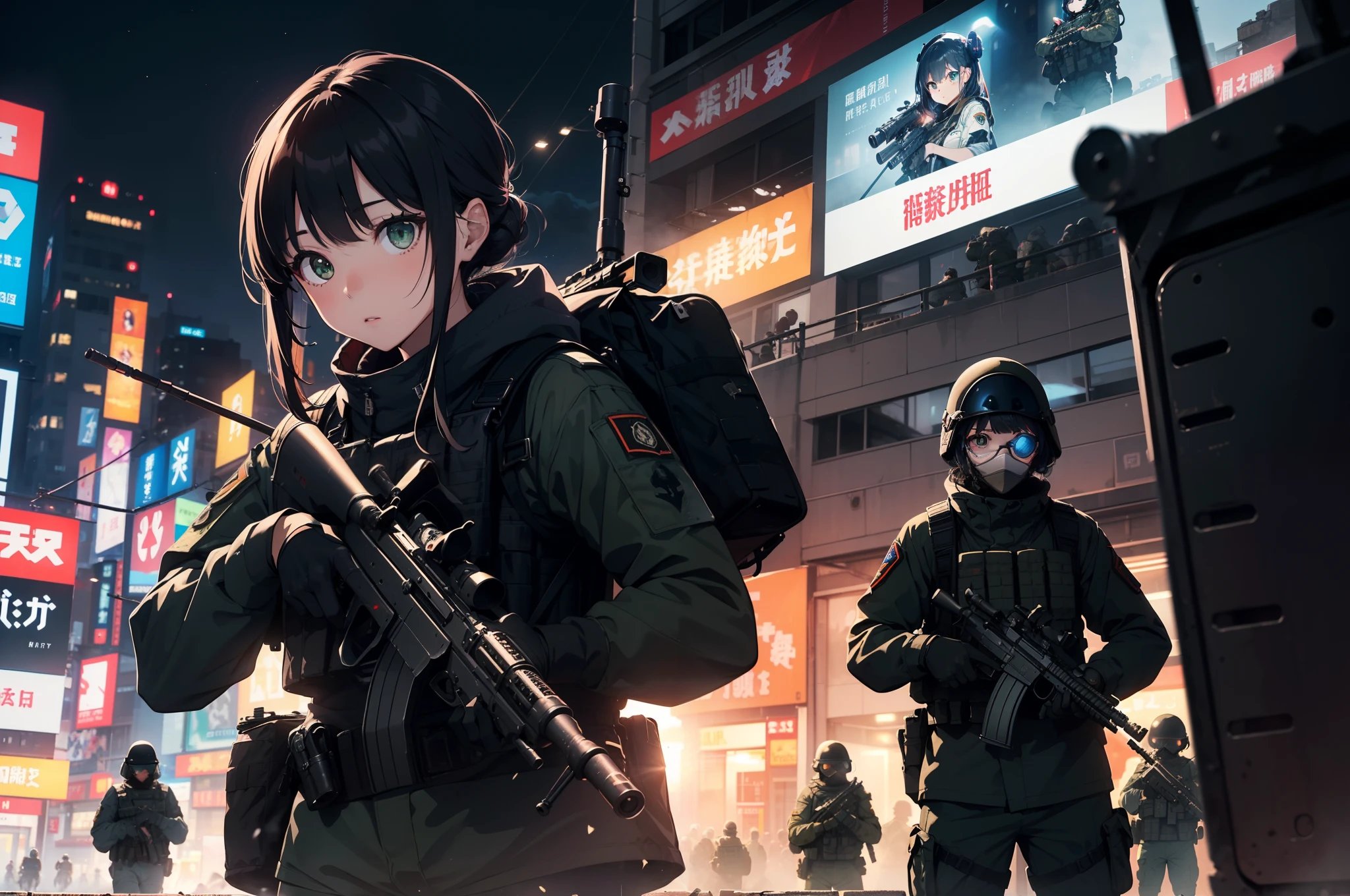 (One girl soldier sniping a giant military robot with a Lahti L-39 anti-tank gun)、Black combat uniform、Wide View、thick body、 Photorealsitic:1.4、long Brond Hair、green colored eyes、Have multiple weapons、aim、direct light、rubble、((超A high resolution))、Detail Write、masterpiece、top-quality、extremely details CG、16 K、Cinematographic lighting、lensflare、Shot with 35mm depth of field、F/1.8 Lenses、(Night combat)、((Shinjuku at night where five special forces SWAT fight))、(Sniping with anti-tank rifles)、From Side、nffsw、Hyper Detailed、The wreckage of a giant robot、(wide-angle lens)、What I see