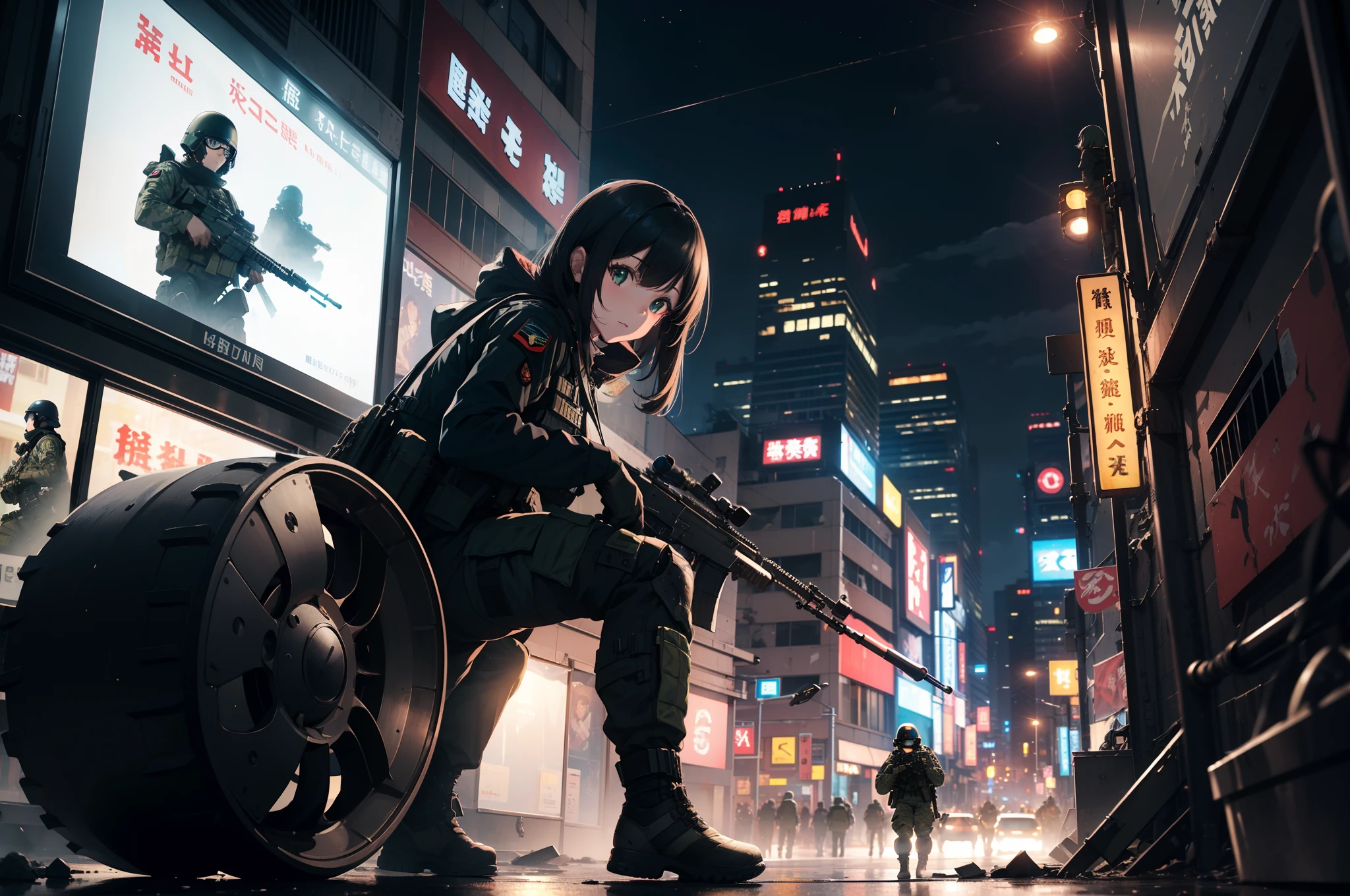 (One girl soldier sniping a giant military robot with a Lahti L-39 anti-tank gun)、Black combat uniform、Wide View、thick body、 Photorealsitic:1.4、long Brond Hair、green colored eyes、Have multiple weapons、aim、direct light、rubble、((超A high resolution))、Detail Write、​masterpiece、top-quality、extremely details CG、16 K、Cinematographic lighting、lensflare、Shot with 35mm depth of field、F/1.8 Lenses、(Night combat)、((Shinjuku at night where five special forces SWAT fight))、(Sniping with anti-tank rifles)、From Side、nffsw、Hyper Detailed、The wreckage of a giant robot、(wide-angle lens)、What I see