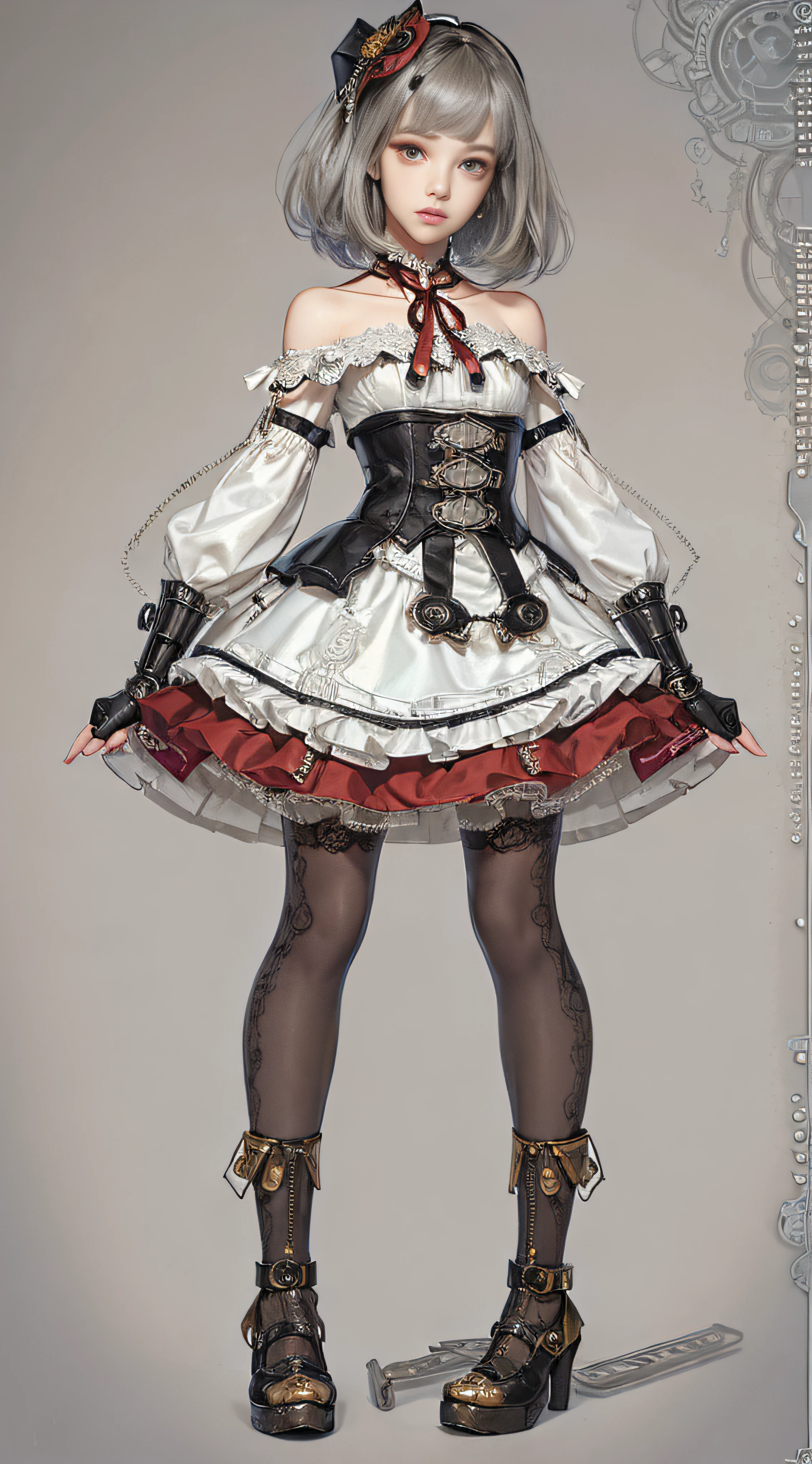 (((Masterpiece, top quality, super detailed))), One female, (((Very Slender body))) , (((Long, thin legs))), (((short black bob, thick puffy bangs ))), (((very detailed face))), cosmetics-free, small thin nose, small thin-lipped mouth, (((very sharp focused eyes))), large slit precision pale grey eyes, sparkling like jewels, Long eyelashes, ((Very decorative intricate mechanical steampunk fashion, Lace Flared mini skirt, Lace stockings above the knee, Lace Off-shoulder ta fashion, Overly decorative fashion)), The night an abandoned, intricately mechanized steampunk factory burns and explodes, (((overall accuracy has improved dramatically, creating a super detailed and realistic image))), Super realistic photo.