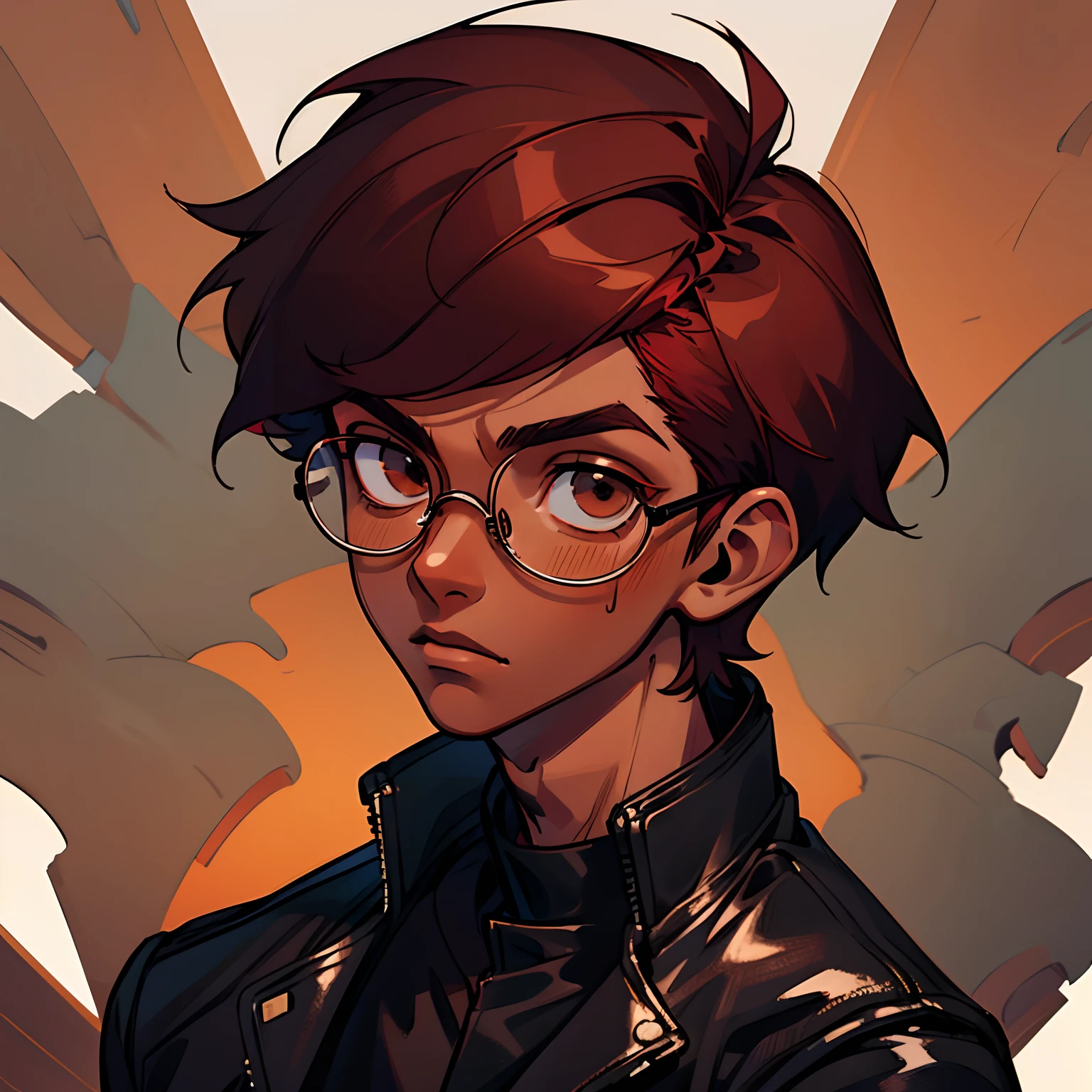 (1 boy), (solo), (Young male), ((dark skin)), slim body, round glasses, messy dark red hair, short hair, black shirt, leather jacket, brown eyes, ((high quality)), ((very detailed))