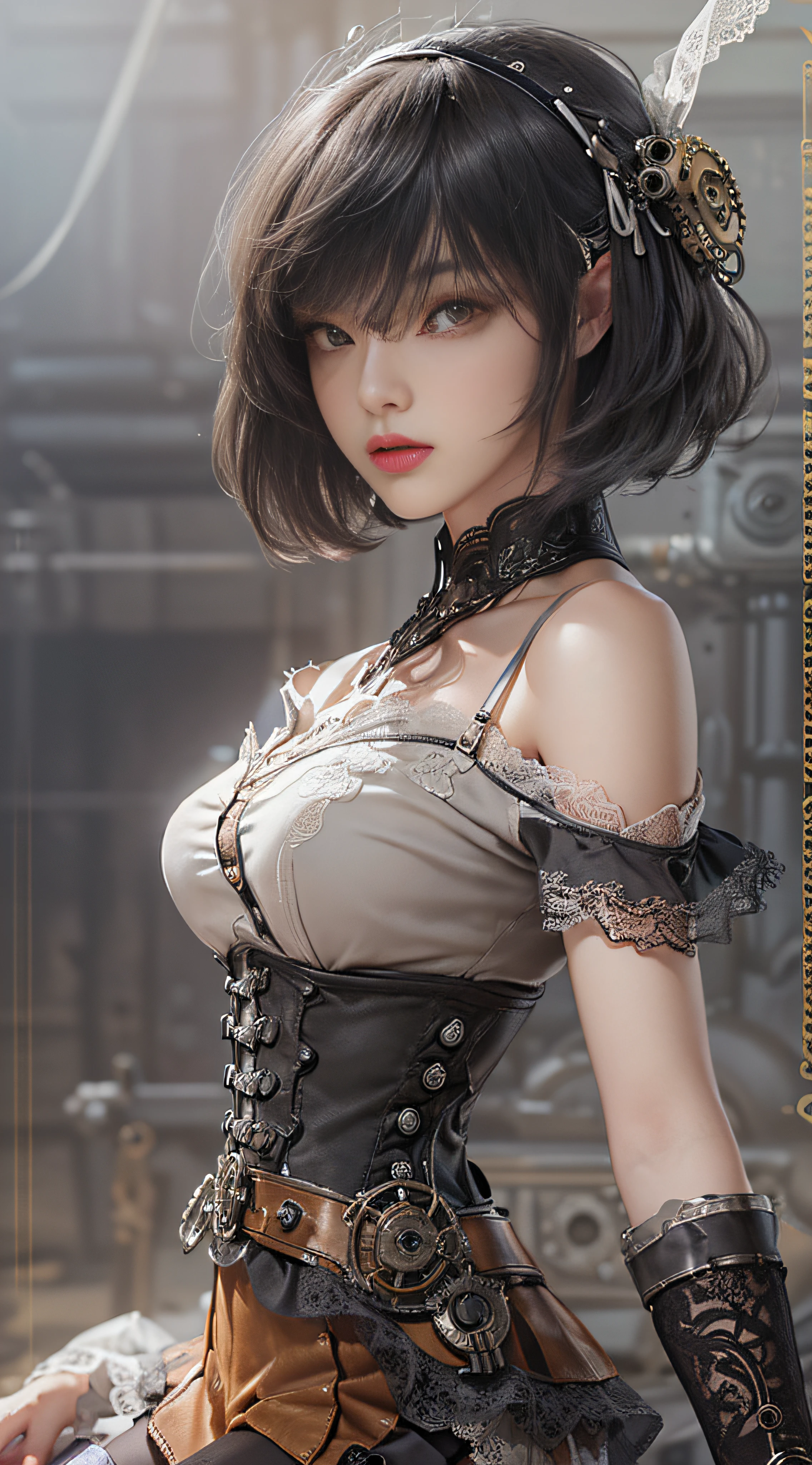 (((Masterpiece, top quality, super detailed))), One female, (((Very Slender body))) , (((Long, thin legs))), (((short black bob, thick puffy bangs ))), (((very detailed face))), cosmetics-free, small thin nose, small thin-lipped mouth, (((very sharp focused eyes))), large slit precision pale grey eyes, sparkling like jewels, Long eyelashes, ((Very decorative intricate mechanical steampunk fashion, Lace Flared mini skirt, Lace stockings above the knee, Lace Off-shoulder lolita fashion, Overly decorative fashion)), The night an abandoned, intricately mechanized steampunk factory burns and explodes, (((overall accuracy has improved dramatically, creating a super detailed and realistic image))), Super realistic photo.