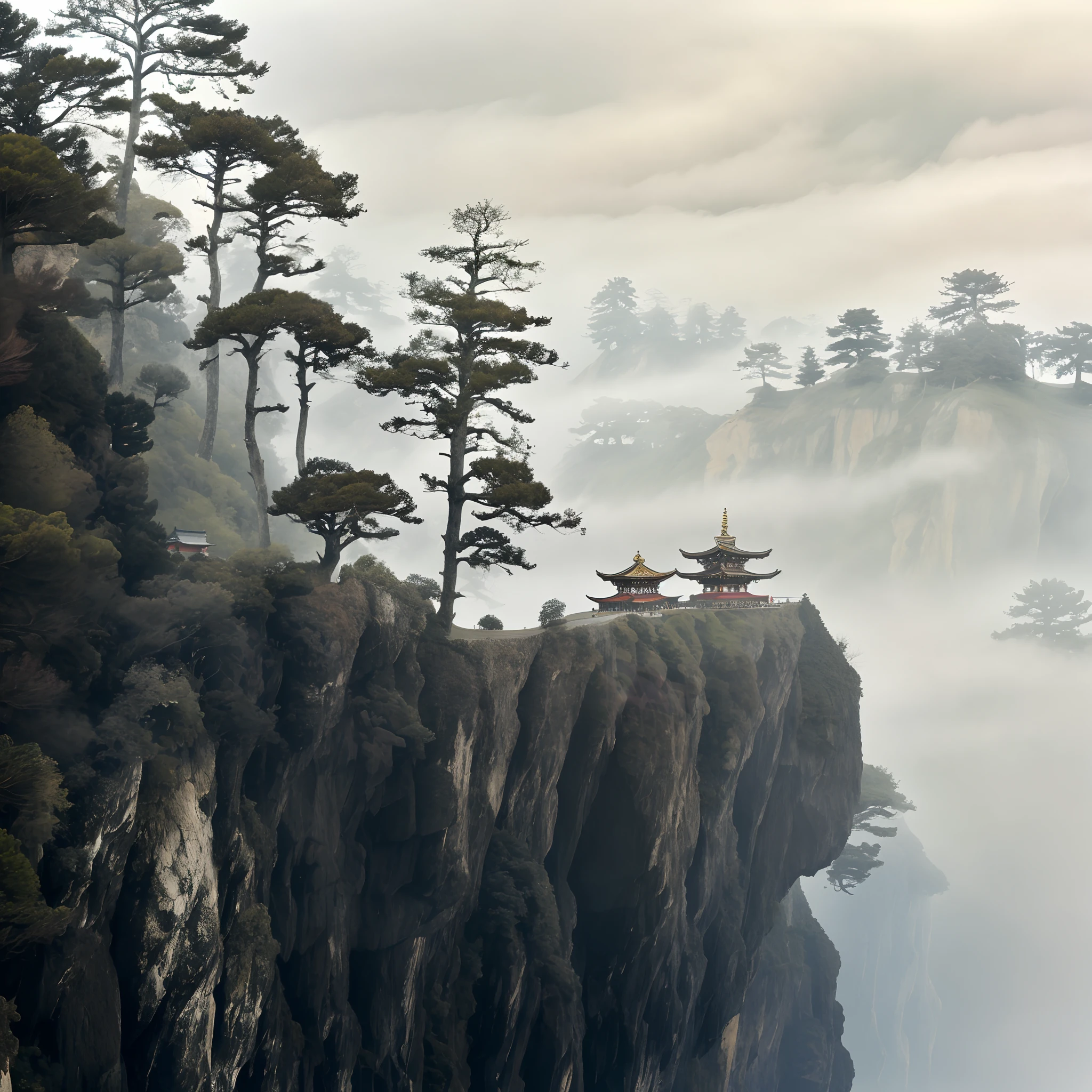 There were people in the fog riding horses on the hillside, cliffside, Dangerous cliffside, wanderer above the sea of fog, By Fei Danxu, foggy photo 8 k, misty mountains, By Shen Quan, mountains in fog background, Mist, detailed trees and cliffs, Emerge from the fog, zhangjiajie in early morning, traveling through the mountains，There is also a shrine