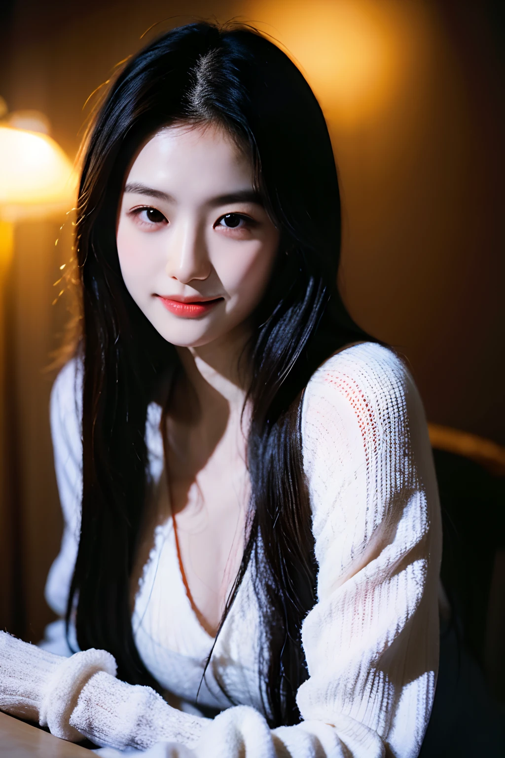 (masutepiece 、Best Quality 、HDR UHD 、Professional)、(Raw photography、top-quality)、((nostalgia、Cile in the 1980s))、(Woman in a literary atmosphere:1.2)、(realisitic、Photorealsitic:1.3)、extremely delicate and beautiful、astonishing、finely detail、 masterpiece, ultra-detailliert, hight resolution, The best illustrations, Best Shadows,Convoluted,depth of fields,1girl in,(long legged:1.4),length hair,hair messy,(((lowkey,Dark Scene,The dim)))),grease,(((softlighting:1.4))),(pale-skinned:1.4),(smile shy),( angle),foco nítido, Volumetric fog, 8K UHD, Digital SLR, hightquality,(film grains:1.4), FujifilmXT3,(Look at viewers)