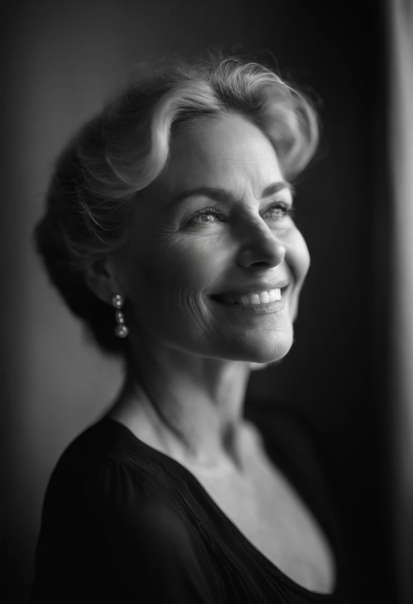 focus on the nose, sharp nose, A captivating portrait of a woman grinning, her entire face, including her nose, sharply in focus. Her light blue eyes are illuminated by natural light. Photographed by the acclaimed Sally Mann with a Hasselblad X1D II and an 80mm f/1.9 lens, the settings were f/2.8, ISO 64, and 1/180s. Ambient light was artfully shaped using a large diffuser and a gold reflector to add warmth. --ar 9:16 00 --s 2