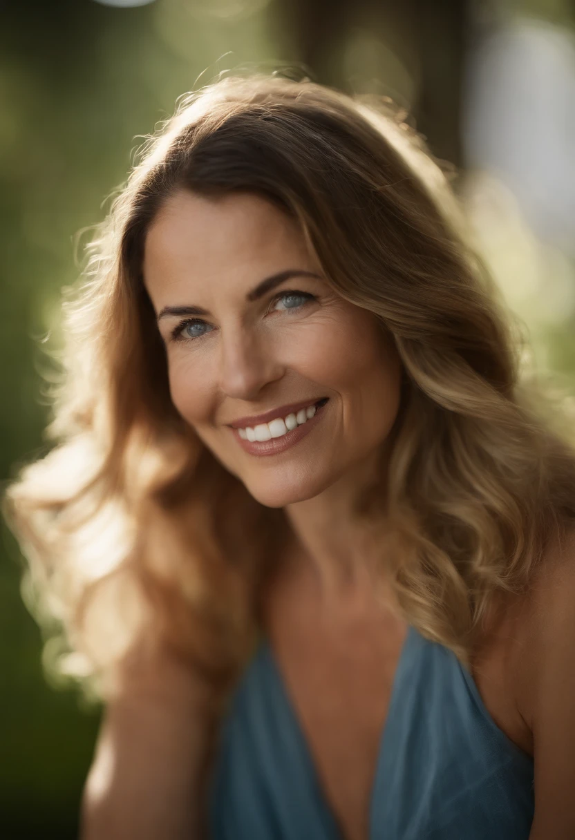 focus on the nose, sharp nose, A captivating portrait of a woman grinning, her entire face, including her nose, sharply in focus. Her light blue eyes are illuminated by natural light. Photographed by the acclaimed Sally Mann with a Hasselblad X1D II and an 80mm f/1.9 lens, the settings were f/2.8, ISO 64, and 1/180s. Ambient light was artfully shaped using a large diffuser and a gold reflector to add warmth. --ar 9:16 00 --s 2