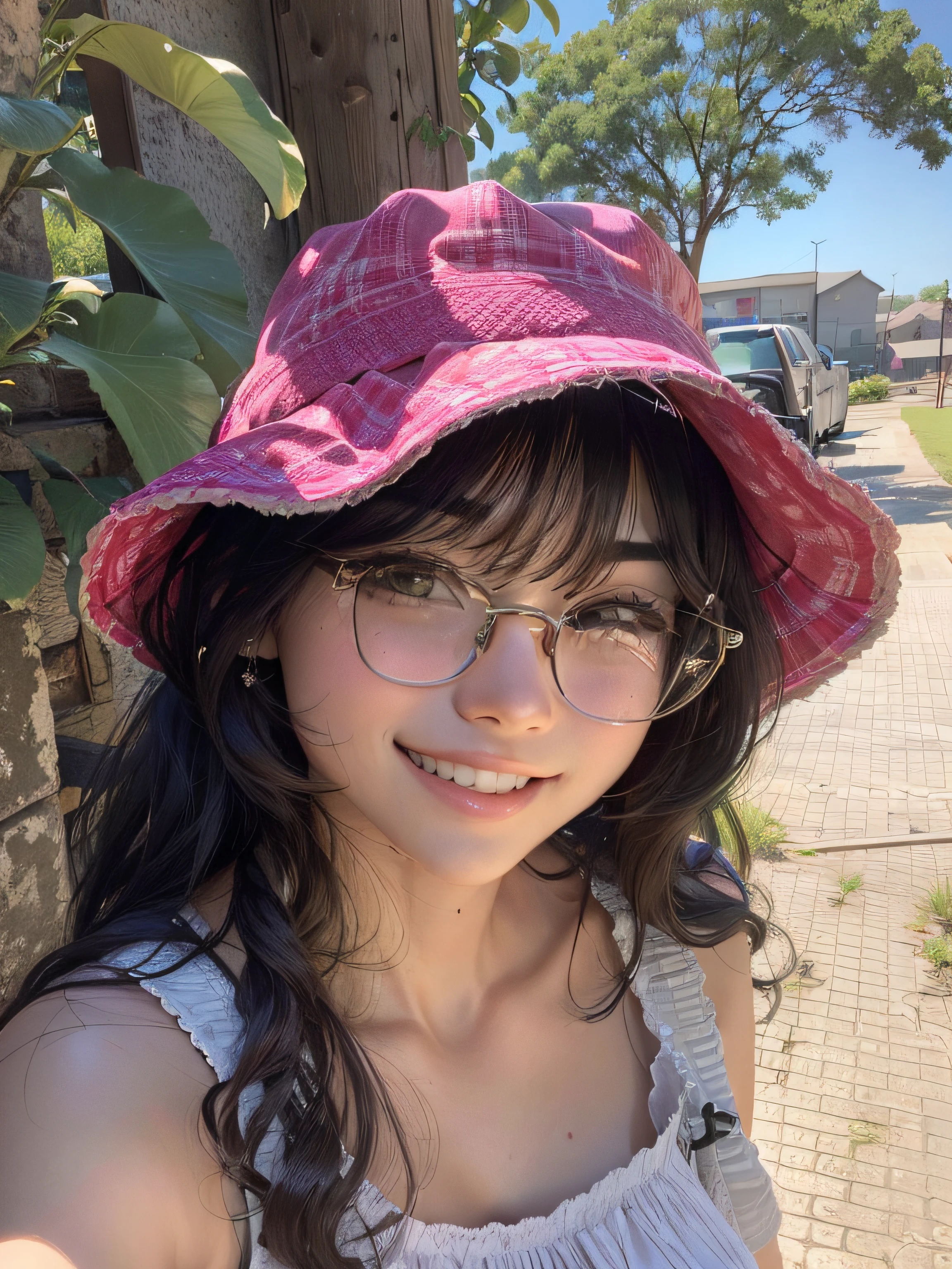 Creates a smiling girl, about 21 years old, short black hair tied into a very short ponytail, round-rimmed glasses white.