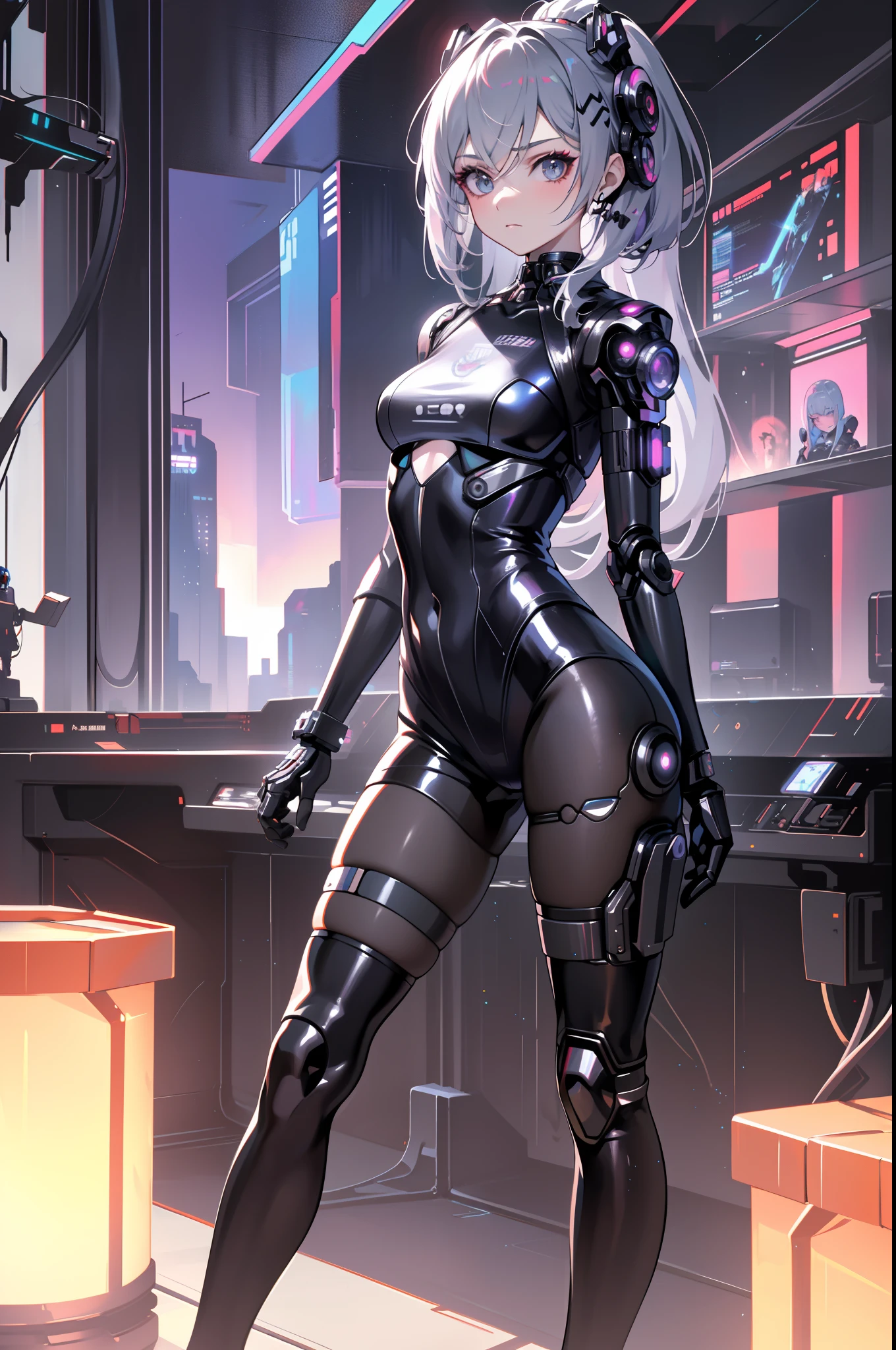 Close-up of a woman dressed in black posing in a room, android heroine, perfect android girl, an oppai cyberpunk, cybersuit, cyberpunk anime girl, female cyberpunk anime girl, cyberpunk anime girl mech, cyber suit, cyber suit, anime cyberpunk art, Extremely detailed Artgerm, Cute cyborg girl, cyborg merchant girl, IG model | Art germ