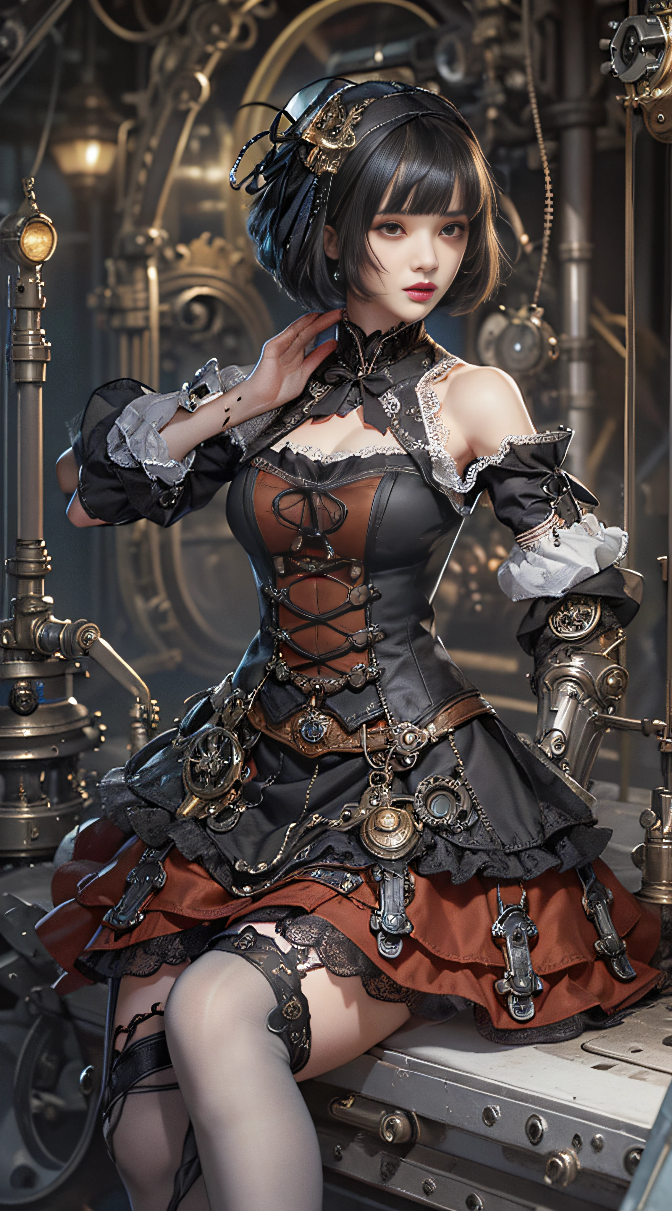(((Masterpiece, top quality, super detailed))), One female, (((Very Slender body))) , (((Long, thin legs))), (((short black bob, thick puffy bangs ))), (((very detailed face))), cosmetics-free, small thin nose, small thin-lipped mouth, (((very sharp focused eyes))), large slit precision pale grey eyes, sparkling like jewels, Long eyelashes, ((Very decorative intricate mechanical steampunk fashion, Lace Flared mini skirt, Lace stockings above the knee, Lace Off-shoulder ta fashion, Overly decorative fashion)), The night an abandoned, intricately mechanized steampunk factory burns and explodes, (((overall accuracy has improved dramatically, creating a super detailed and realistic image))), Super realistic photo.