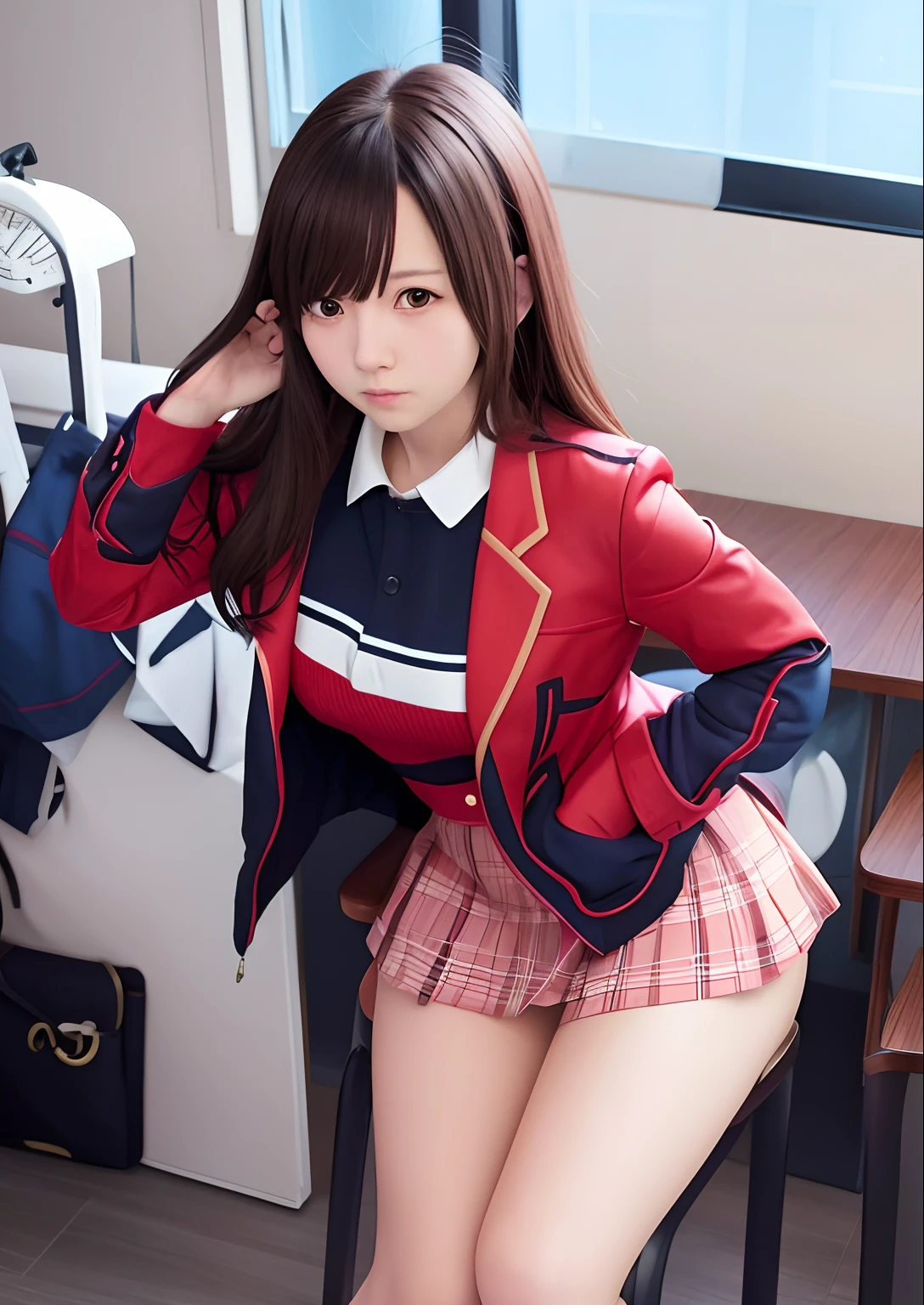 anime girl in a short skirt and red jacket posing for a picture, a hyperrealistic schoolgirl, seductive anime girl, hyperrealistic schoolgirl, beautiful anime high school girl, attractive anime girl, ecchi anime style, ecchi, realistic schoolgirl, anime girls, beautiful anime girl squatting, anime girl, smooth anime cg art, anime waifu