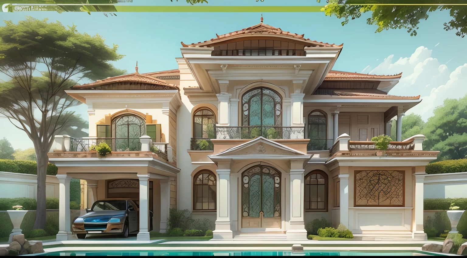 Rendering a neo - classical style with 1 basement and 2 floors on a 10x30m land area. The front of the house is designed symmetrically, using traditional materials such as brick, stone, and wood. The decorative details are intricate and exquisite. The dominant colors are white, yellow, and brown. The garden is spacious and airy, designed with many plants and flowers. There is a swimming pool and a fish pond.