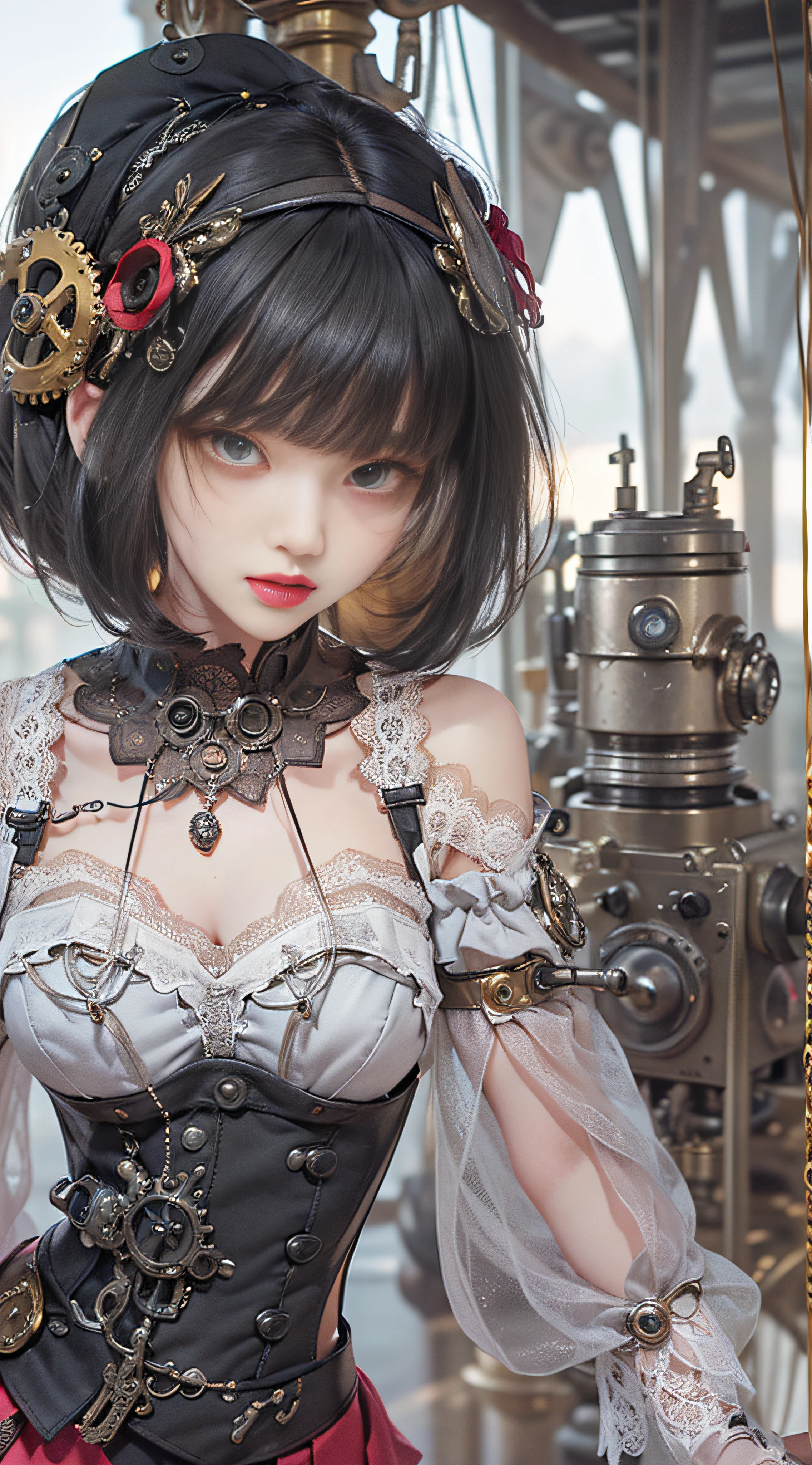 (((Masterpiece, top quality, super detailed))), One female, (((Very Slender body))) , (((Long, thin legs))), (((short black bob, thick puffy bangs ))), (((very detailed face))), cosmetics-free, small thin nose, small thin-lipped mouth, (((very sharp focused eyes))), large slit precision pale grey eyes, sparkling like jewels, Long eyelashes, ((Very decorative intricate mechanical steampunk fashion, Lace Flared mini skirt, Lace stockings above the knee, Lace Off-shoulder ta fashion, Overly decorative fashion)), The night an abandoned, intricately mechanized steampunk factory burns and explodes, (((overall accuracy has improved dramatically, creating a super detailed and realistic image))), Super realistic photo.