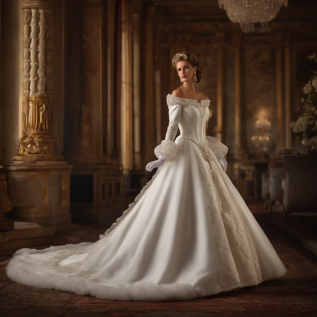 Best quality, Masterpiece, The future crown prince wears a stately and delicate royal wedding dress in white satin tulle，Wear extra-long white gloves，Decorated with a huge ribbon bow, Lace, frilld, Woven pleats, Embroidery and jewelry, With large puff sleeves, Hourglass waist and voluminous Crinoline hoop skirt, bustle, and trains, white long gloves, pearl necklace and earrings, Carefully curly and styled hair