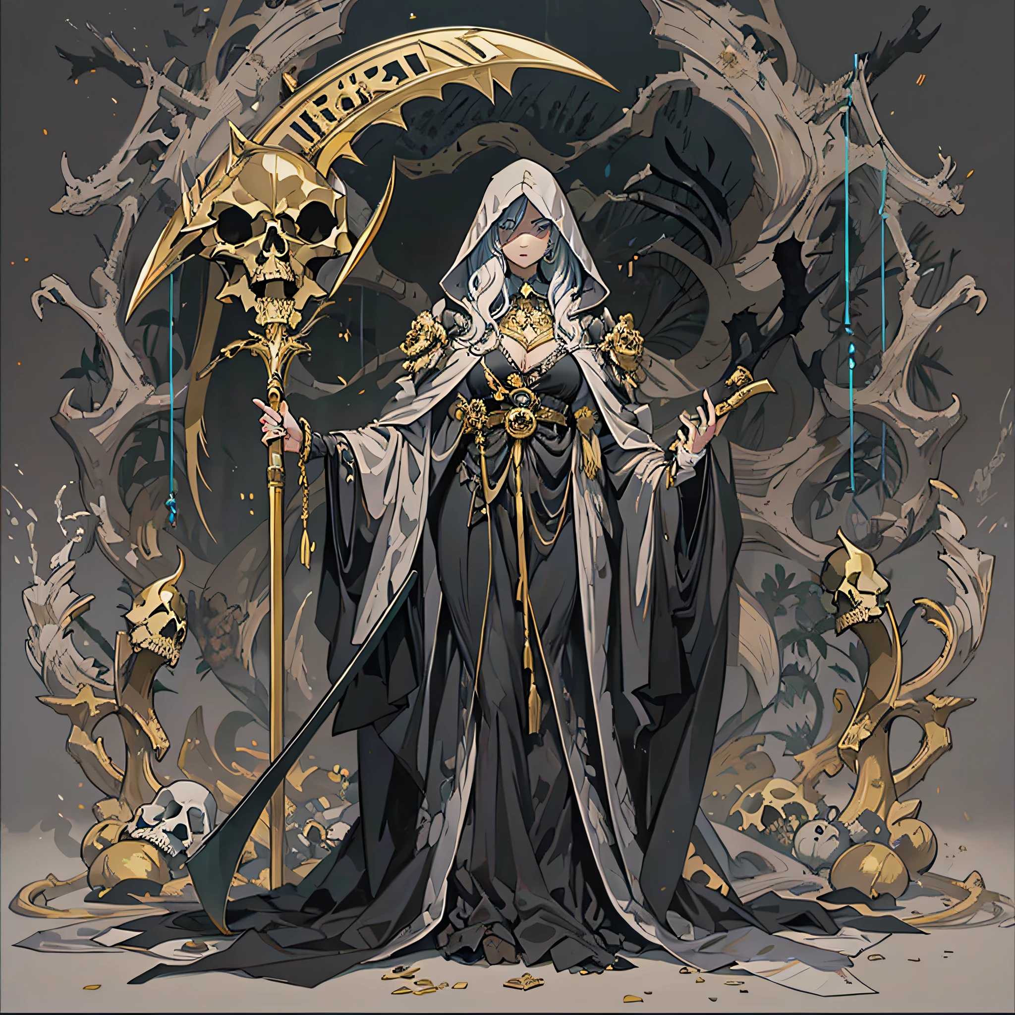 ((Solo, Adult woman)), holding a scythe, Black flowing robe, Hooded robe, Animal skulls and bones, Gold and silver, Pastel color scheme