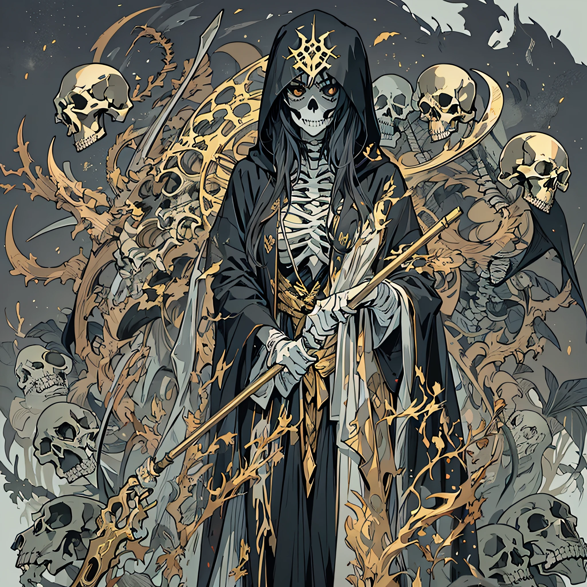 ((Solo, Adult woman)), holding a scythe, Black flowing robe, Hooded robe, Animal skulls and bones, Gold and silver, Pastel color scheme