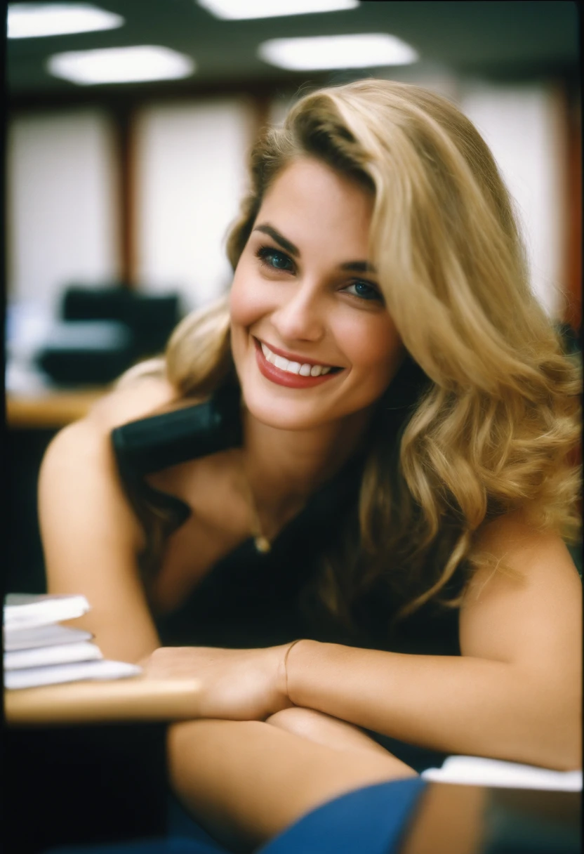 Kodak disposable camera photo of a beautiful female, smiling suggestively, sitting in an office --q 5 --v 5.1
