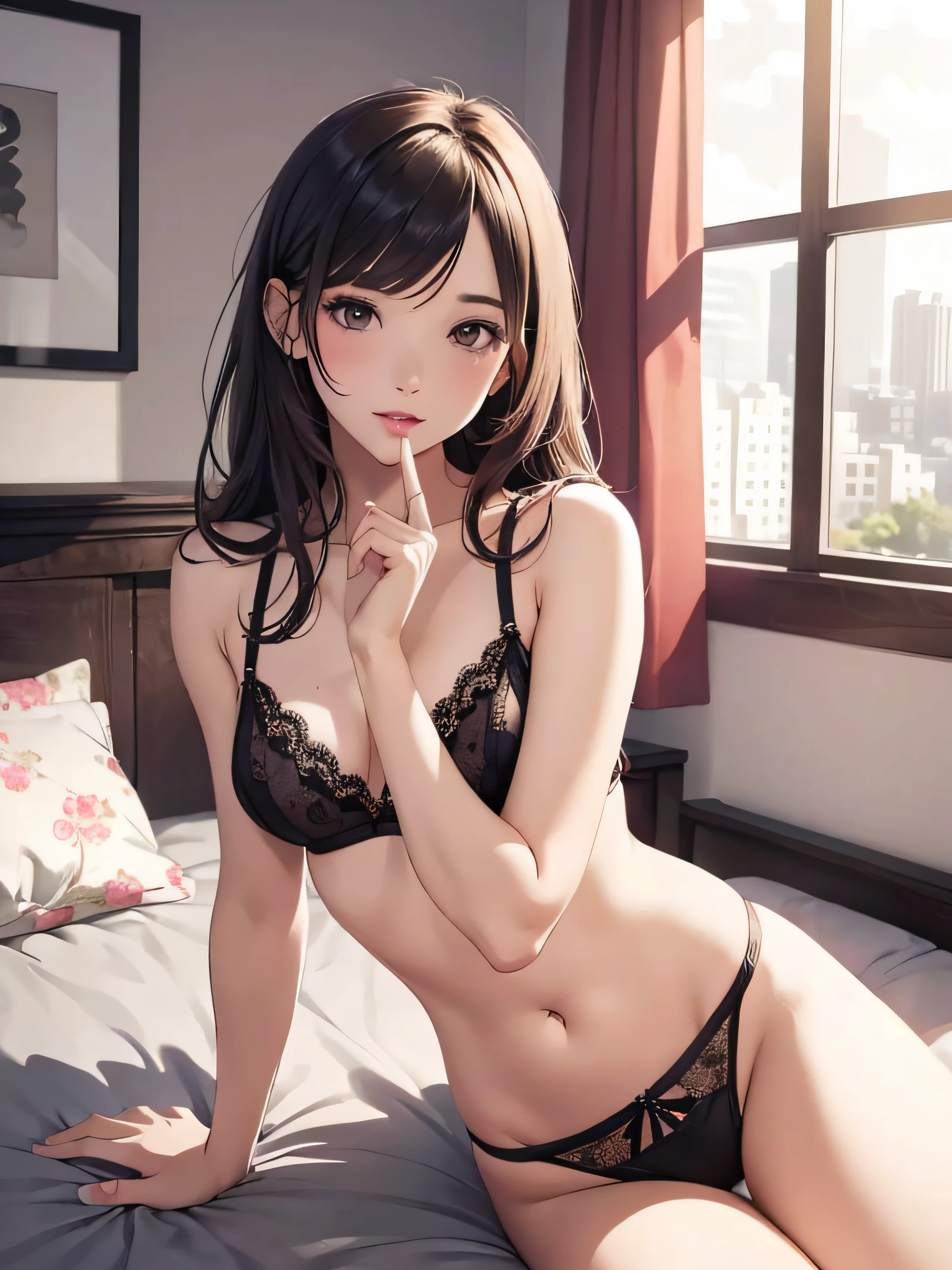 a girl in underwear varying colors, lace, random color, room scenery, flirtatious look, ((very detailed)), (perfectly detailed face), (well detailed hand) photorealistic image.