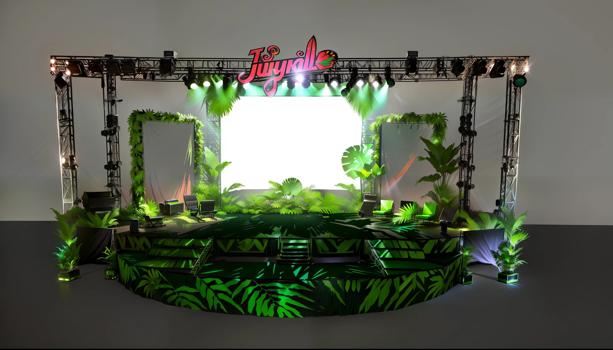 a close up of a stage with a jungle theme and a sign, stage, an outdoor festival stage, jungle setting, stage background, tropical style, the jungle at the background, jungle as the background, jungle in background, background jungle, tropical mood, biophilia mood, covered outdoor stage, vaporwave jungle, detailed set design, jungles in the background, A stage with jungle, bird, stage and gate, butterfly, trusses, green leaf, amazing light, flare lighting, wow green, fitness center, stage for dancing, beam light, spotlight