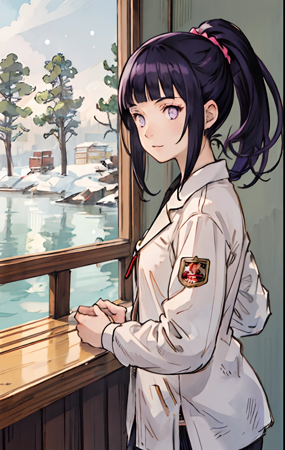 best quality, detailed background, a girl,sea, cafeteria, bird, snow, winter,Blunt Bangs, purple eyes, long dark blue hair, ponytail