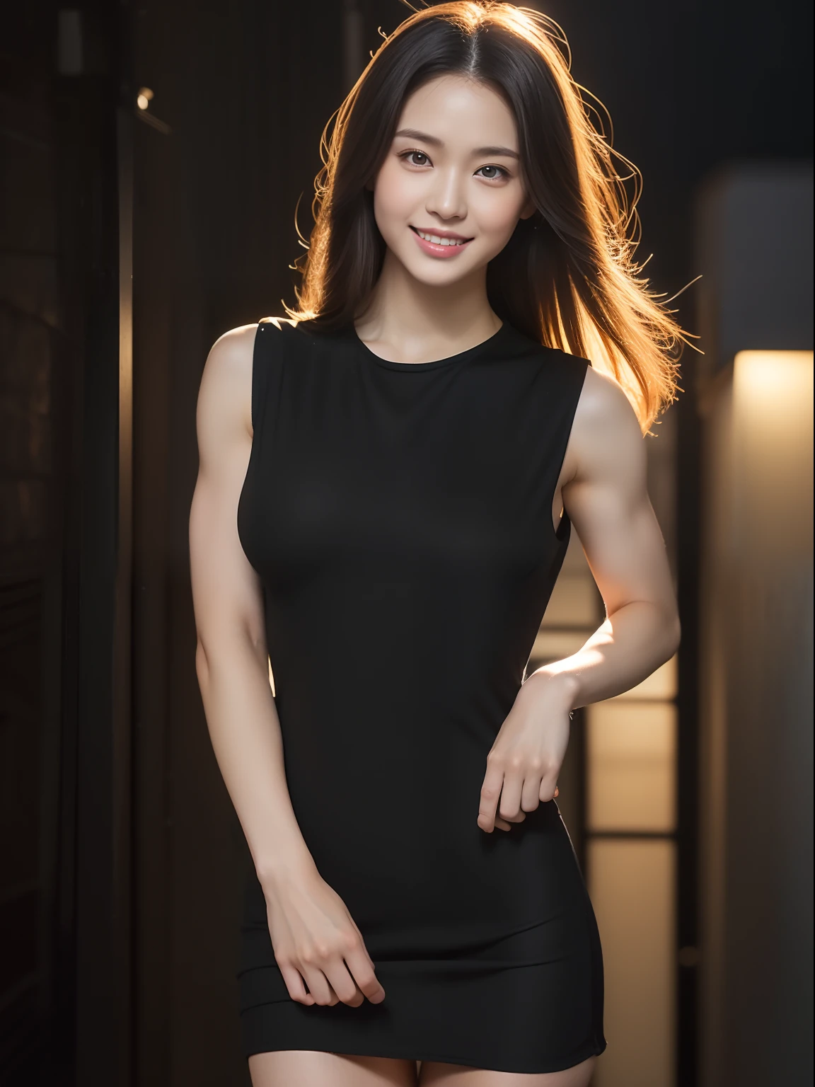 (Raw photo:1.2), (Photorealsitic:1.4), huge filesize, hight resolution, ighly detailed, top-quality, (masterpiece:1.6),(Hyper-realistic: 1.4), ighly detailed, nffsw, finely detail, top-quality, 8k wallpaper,People with Japan,((Girl with clear white skin)),17 age、FULL BODYSHOT、((Muscular woman like a bodybuilder:1.2)) ,(Hourglass-shaped body)、((Huge ass)),((thick and strong legs:1.3、Sculpted muscular legs:1.2))、((Thick arms with sculpted muscles:1.3))、wide breasts, ((Disproportionately huge breasts:1.4))、((Lori face:1.2))、Narrow eyes, cute face, Narrow eyes,((A smile))、((Straight hair、One-length))、((((Sleeveless Black Body Con Dress:1.3))))、((Stand at the end of a narrow alley in the middle of the night、A big city lined with neon-lit Western-style izakayas))、 (Realistic: 1.3), (Smooth lighting: 1.05), (Improved cinematic lighting: 0.9), Realistic lighting, Backlight, Face Light, raytrace, (Whitening light: 1.2), (Image enhancement: 1.4), ( Top quality real skins: 1.4), (Body Line Mood Increase:1.1), (Skin Texture Enhancement Beauty:1.1),