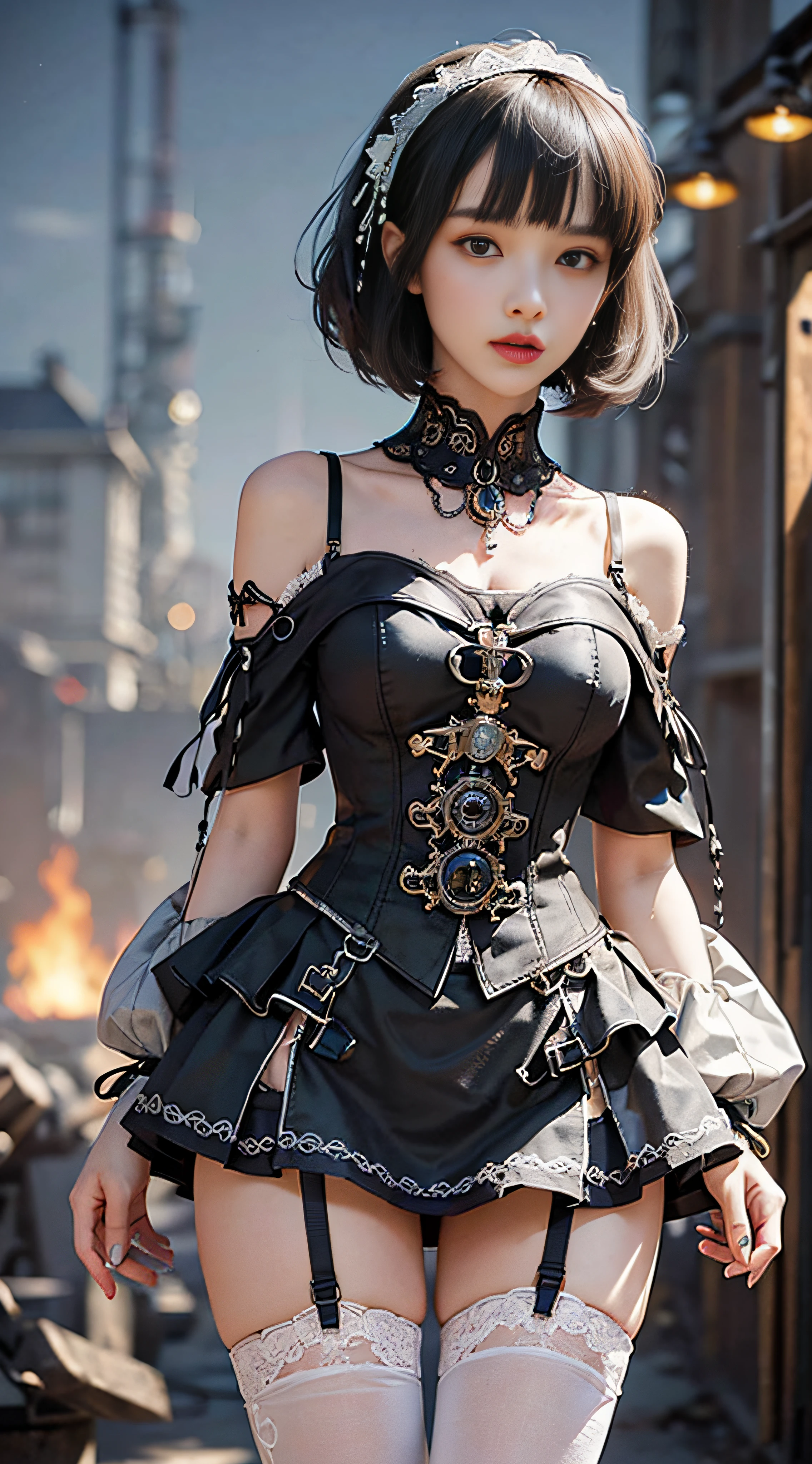 (((Masterpiece, top quality, super detailed))), One female, (((Very Slender body))) , (((Long, thin legs))), (((short black bob, thick puffy bangs ))), (((very detailed face))), cosmetics-free, small thin nose, small thin-lipped mouth, (((very sharp focused eyes))), large slit precision pale grey eyes, sparkling like jewels, Long eyelashes, ((Very decorative intricate mechanical steampunk fashion, Lace Flared mini skirt, Lace stockings above the knee, Lace Off-shoulder ta fashion, Overly decorative fashion)), The night an abandoned, intricately mechanized steampunk factory burns and explodes, (((overall accuracy has improved dramatically, creating a super detailed and realistic image))), Super realistic photo.