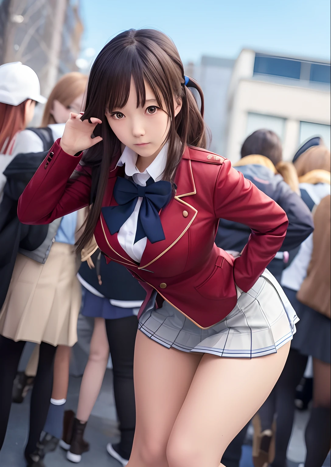 anime girl in a short skirt and red jacket posing for a picture, a hyperrealistic schoolgirl, seductive anime girl, hyperrealistic schoolgirl, beautiful anime high school girl, attractive anime girl, ecchi anime style, ecchi, realistic schoolgirl, anime girls, beautiful anime girl squatting, anime girl, smooth anime cg art, anime waifu