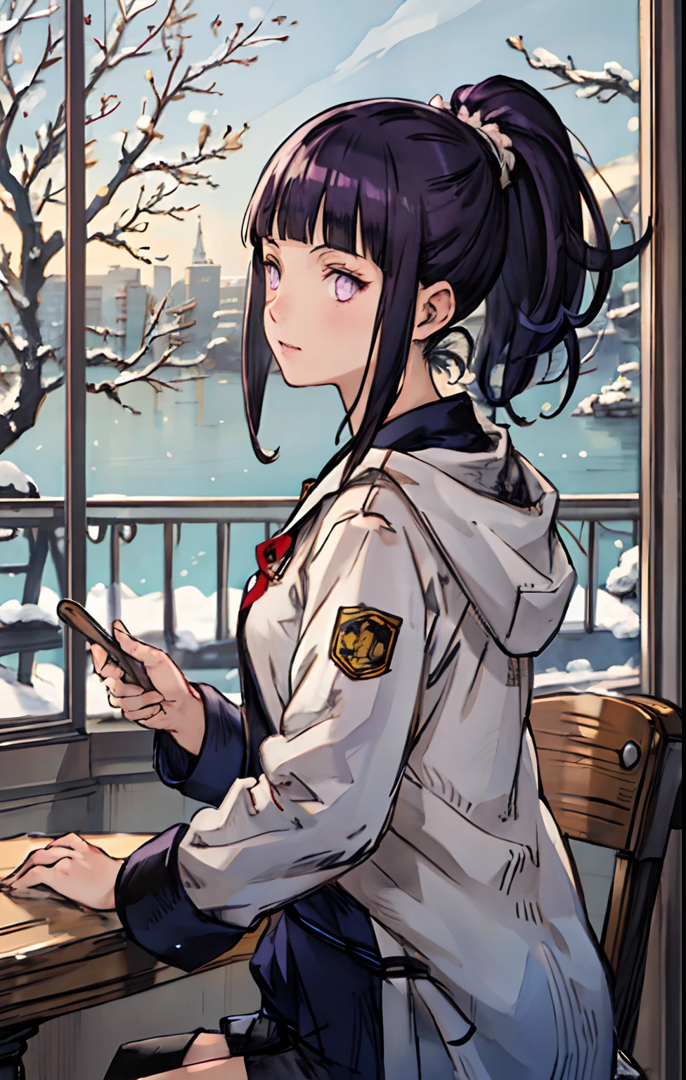 best quality, detailed background, a girl,sea, cafeteria, bird, snow, winter,Blunt Bangs, purple eyes, long dark blue hair, ponytail