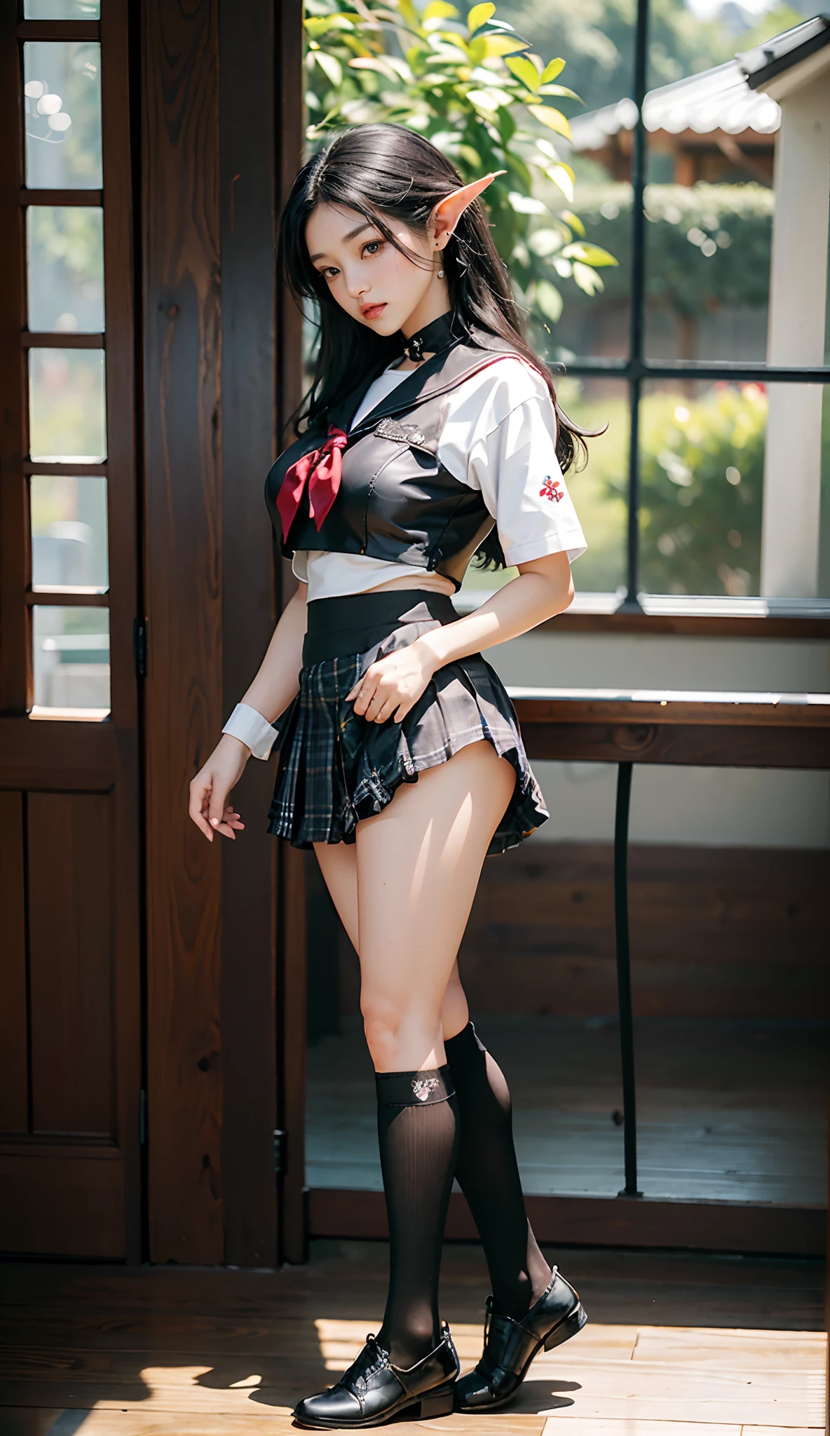 1girl, school, , gate, fence, masterpiece, best quality, highly detailed, arms behind back, shibari, bondage, rope. sschool uniform. full body