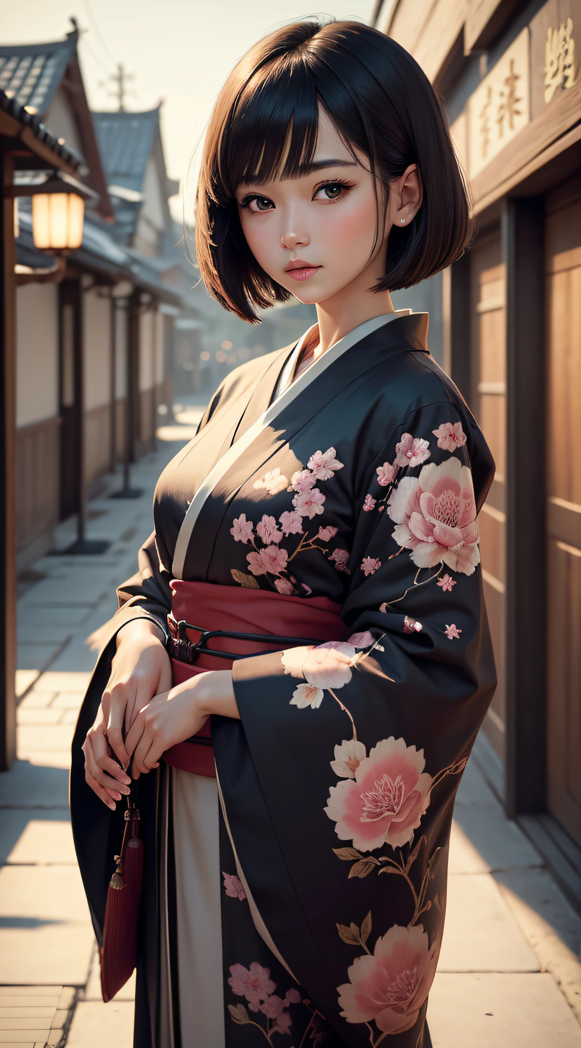 Top Quality, Masterpiece, High Definition, 1girl, Beautiful and Perfect Face, Bob Cut, Japanese Clothing,Kimono, Intricate Details, Cinematic Feel, 8K, Very Detailed