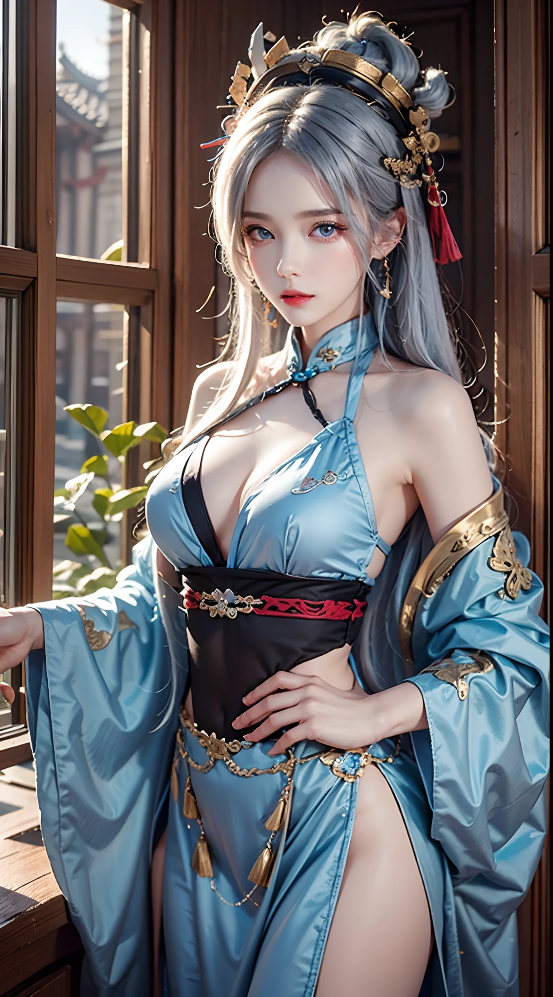 photorealistic, masterpiece, high resolution, soft light, mature female, silver hair, blue eyes, hips up, jewelry, xianxia, gorgeous purple hanfu, headdress