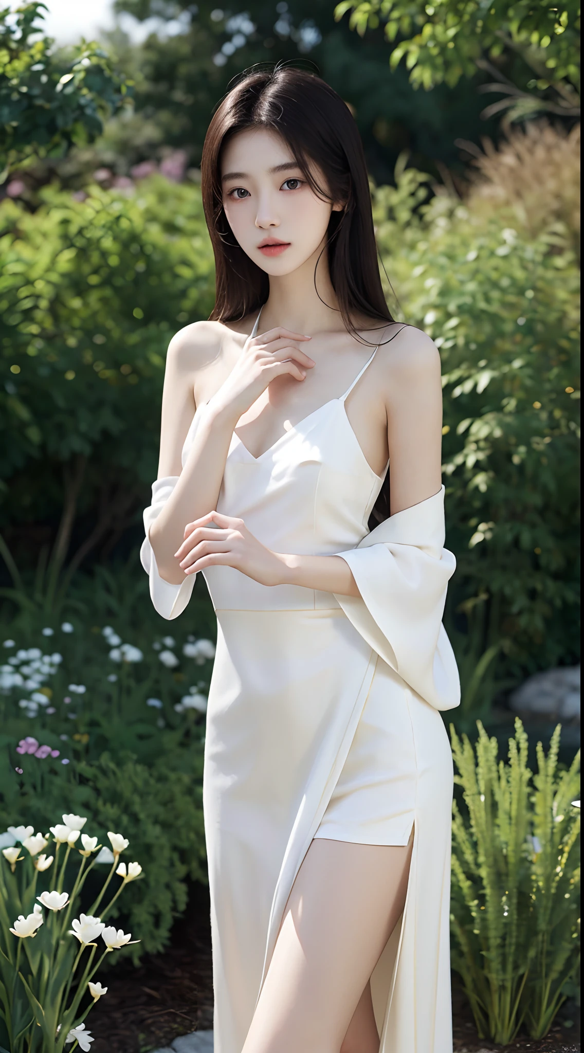 Japanese and Korean beauties,18yr old,Pure and cute,16K HD is realistic,Photographic quality,mesmerizing eyes,二重まぶた,long eyelasher,sensual lip,Slim and slim,White skin,Realistic slender five fingers,In the background garden,Ethereal beauty