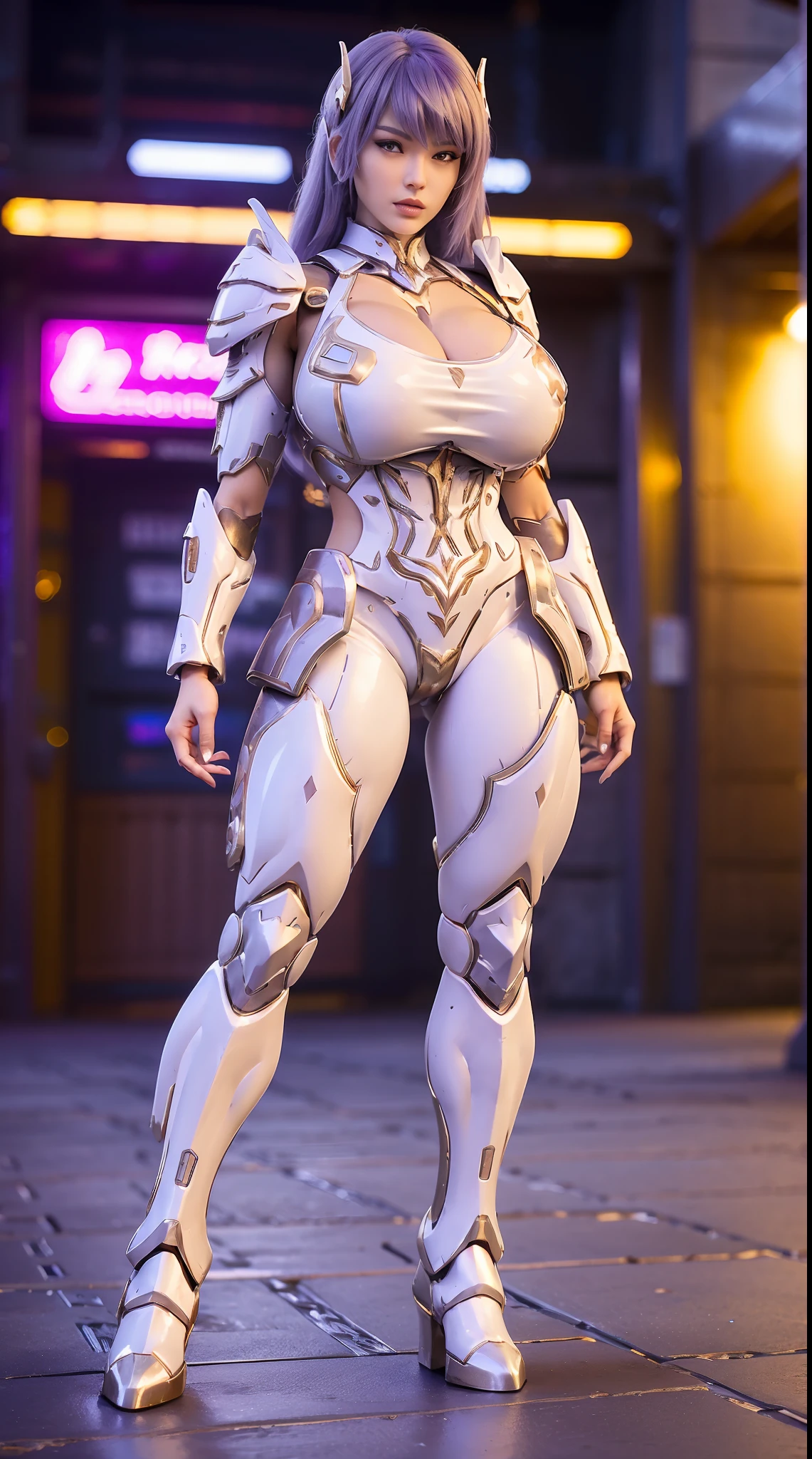 A WOMAN, BEAUTIFULL FACE, HUGE BOOBS, RGB, WHITE, GOLD, PURPLE, (MECHA ARMOR FULL SUIT), (CLEAVAGE), TRANSPARANT, TALL LEGS, STANDING, SEXY BODY, MUSCLE ABS.