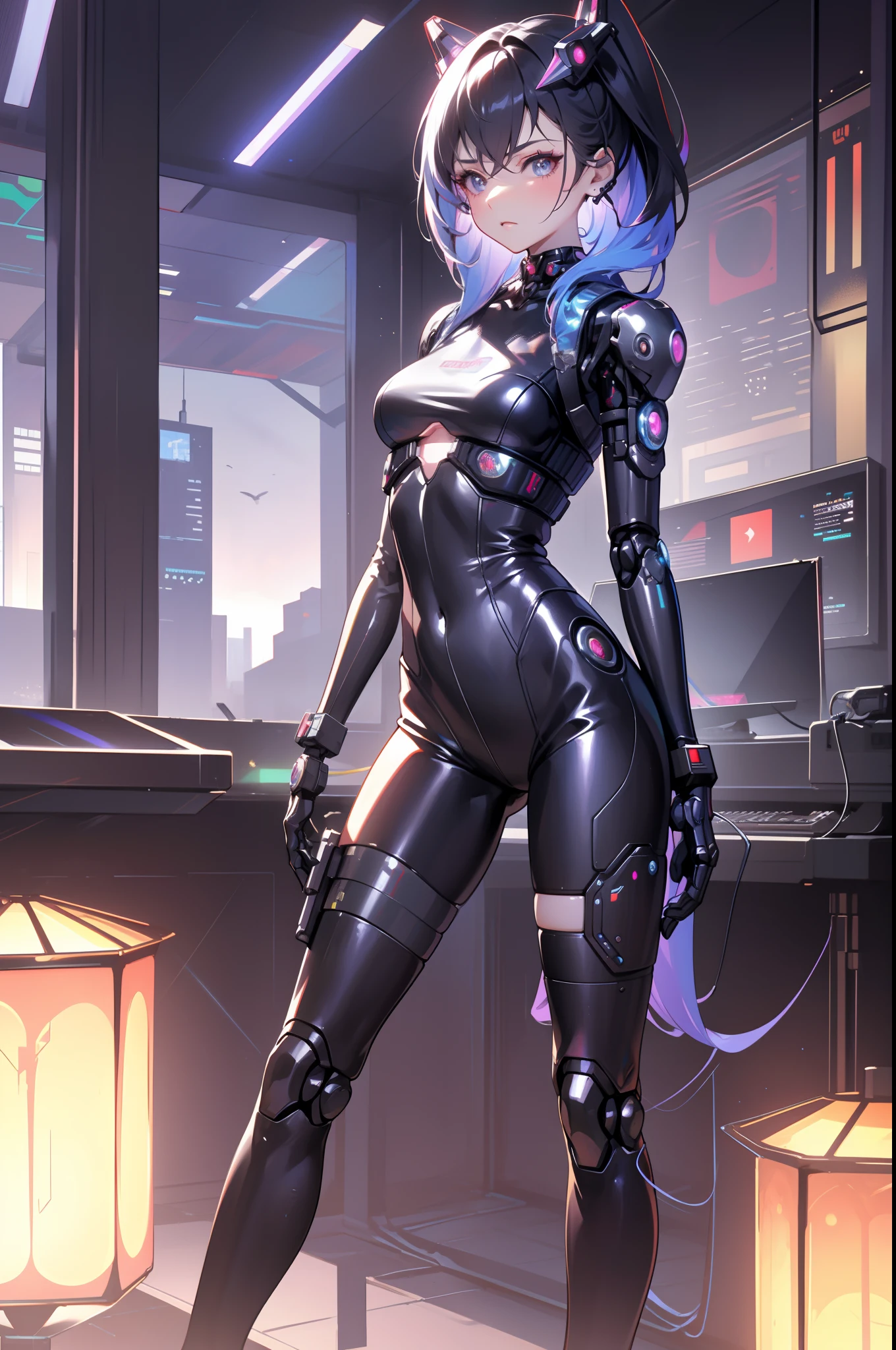 Close-up of a woman dressed in black posing in a room, android heroine, perfect android girl, an oppai cyberpunk, cybersuit, cyberpunk anime girl, female cyberpunk anime girl, cyberpunk anime girl mech, cyber suit, cyber suit, anime cyberpunk art, Extremely detailed Artgerm, Cute cyborg girl, cyborg merchant girl, IG model | Art germ