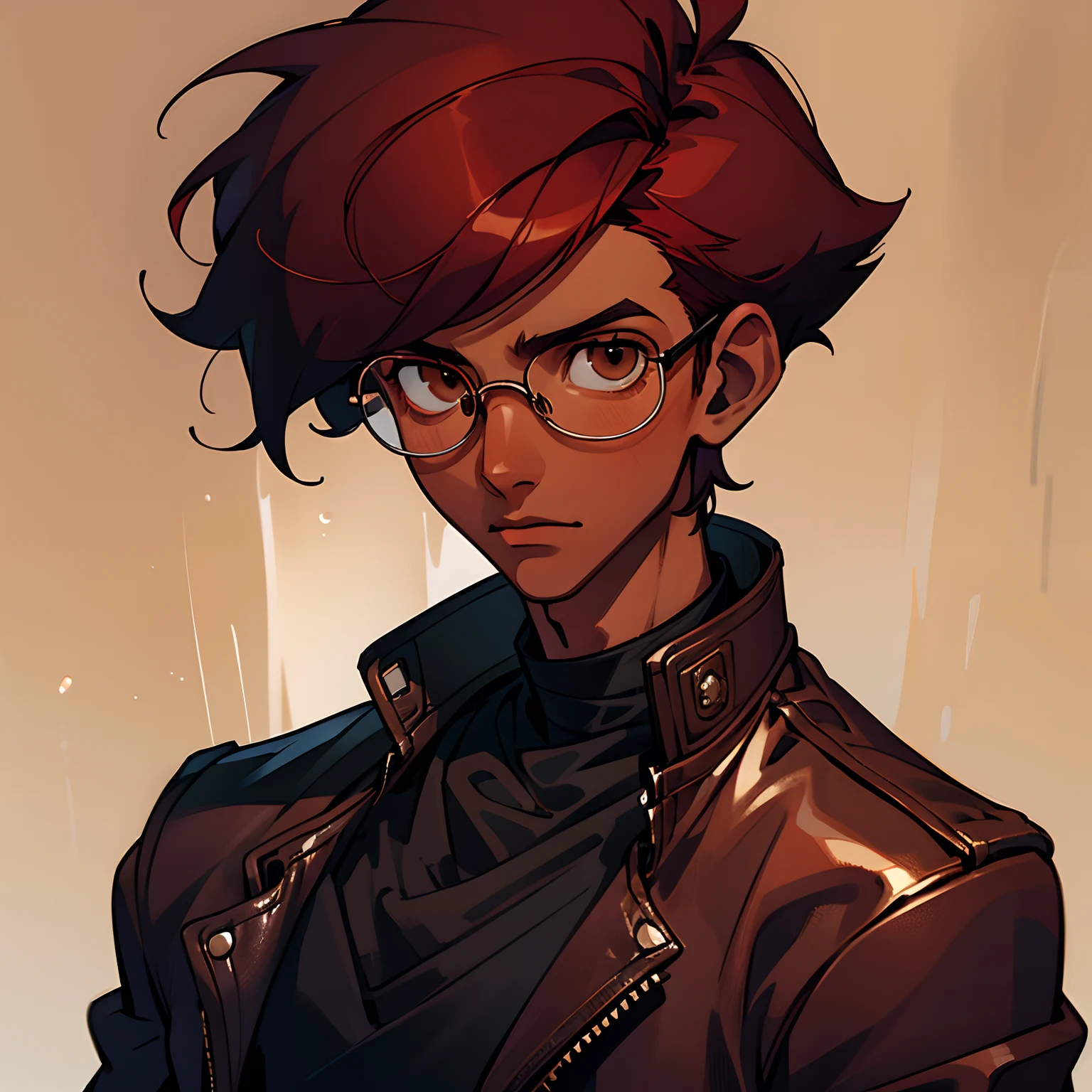 (1 boy), (solo), (Young male), ((dark skin)), slim body, round glasses, messy dark red hair, short hair, black shirt, leather jacket, brown eyes, ((high quality)), ((very detailed))