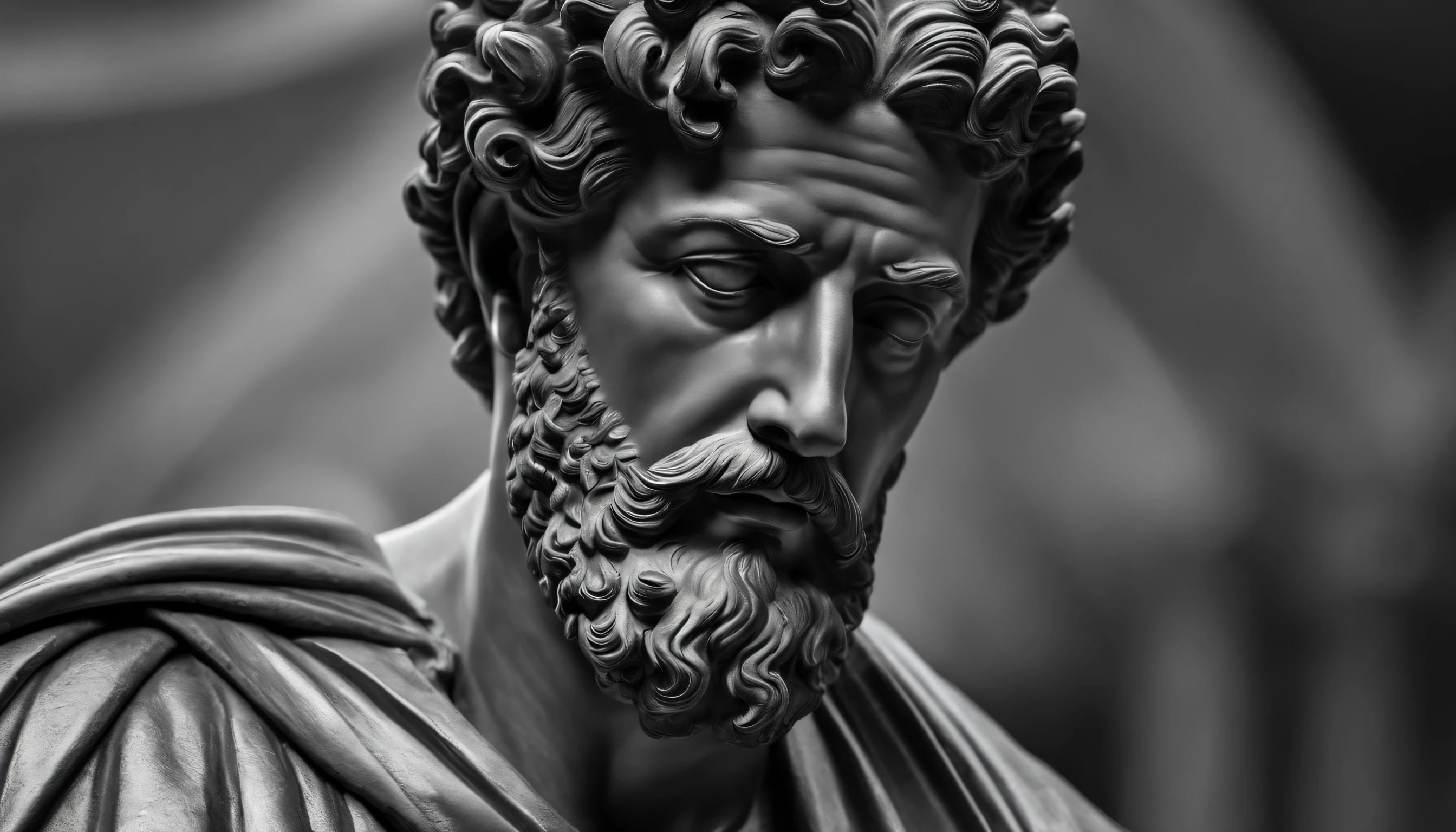 a portrait statue of the stoic Marcus Aurelius in black and white 4K,Face de lado, papel de parede super realista, corpo, forte, barriga forte, musculoso