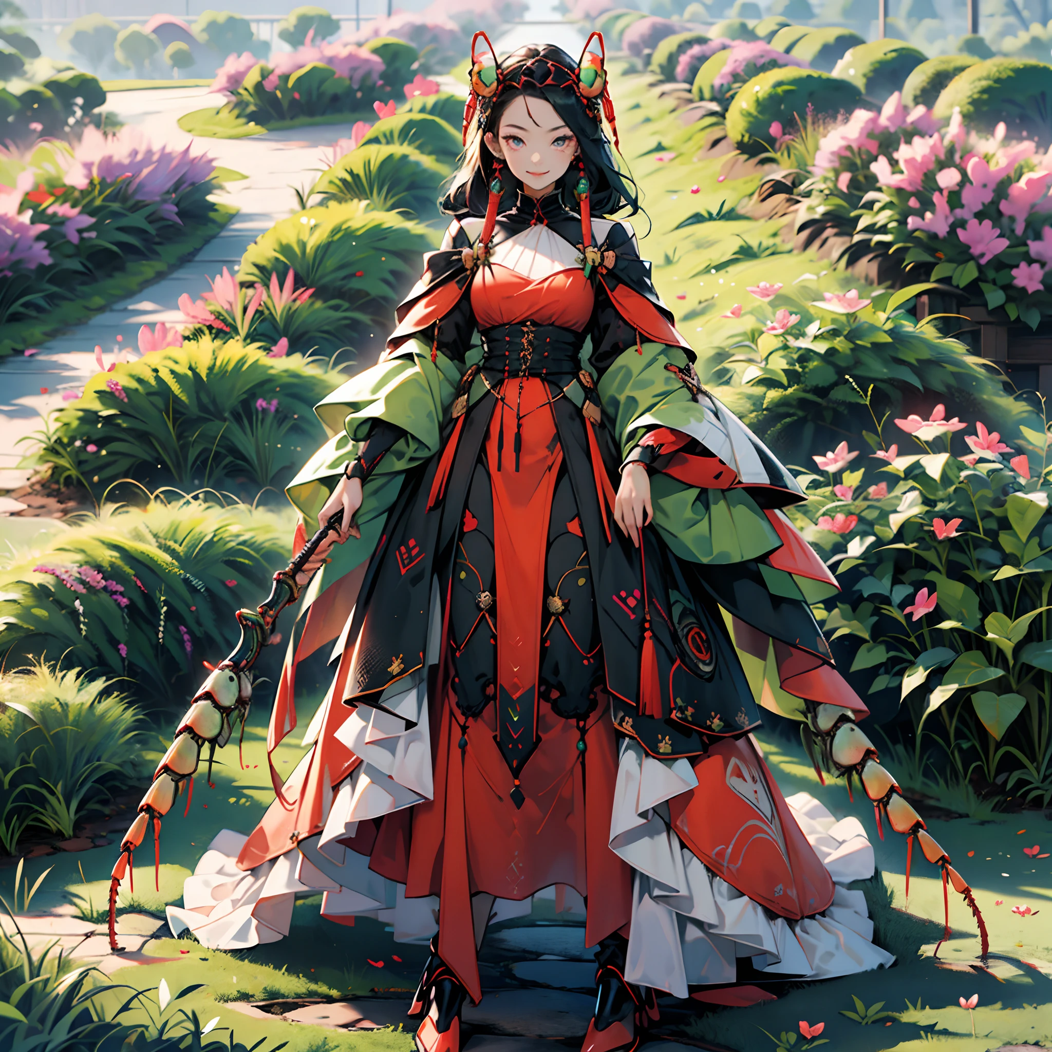 ((Red dress))、Blue Long Hair、Have a sickle、Highest image quality, of the highest quality, Ultra-high resolution, masterpiese, 8K, Perfect Anatomy, High Tiles, Realistic skin, Cute face, Cute eyes, Full body, (One girl:1.2), (Cute praying mantis head:1.4), Mantis woman, compound, Partially human face, Mantis suit, (Arm with sickle:1.3), (Rainbow Color Glossy Suit:1.2),  Smile, Standing, grass field,